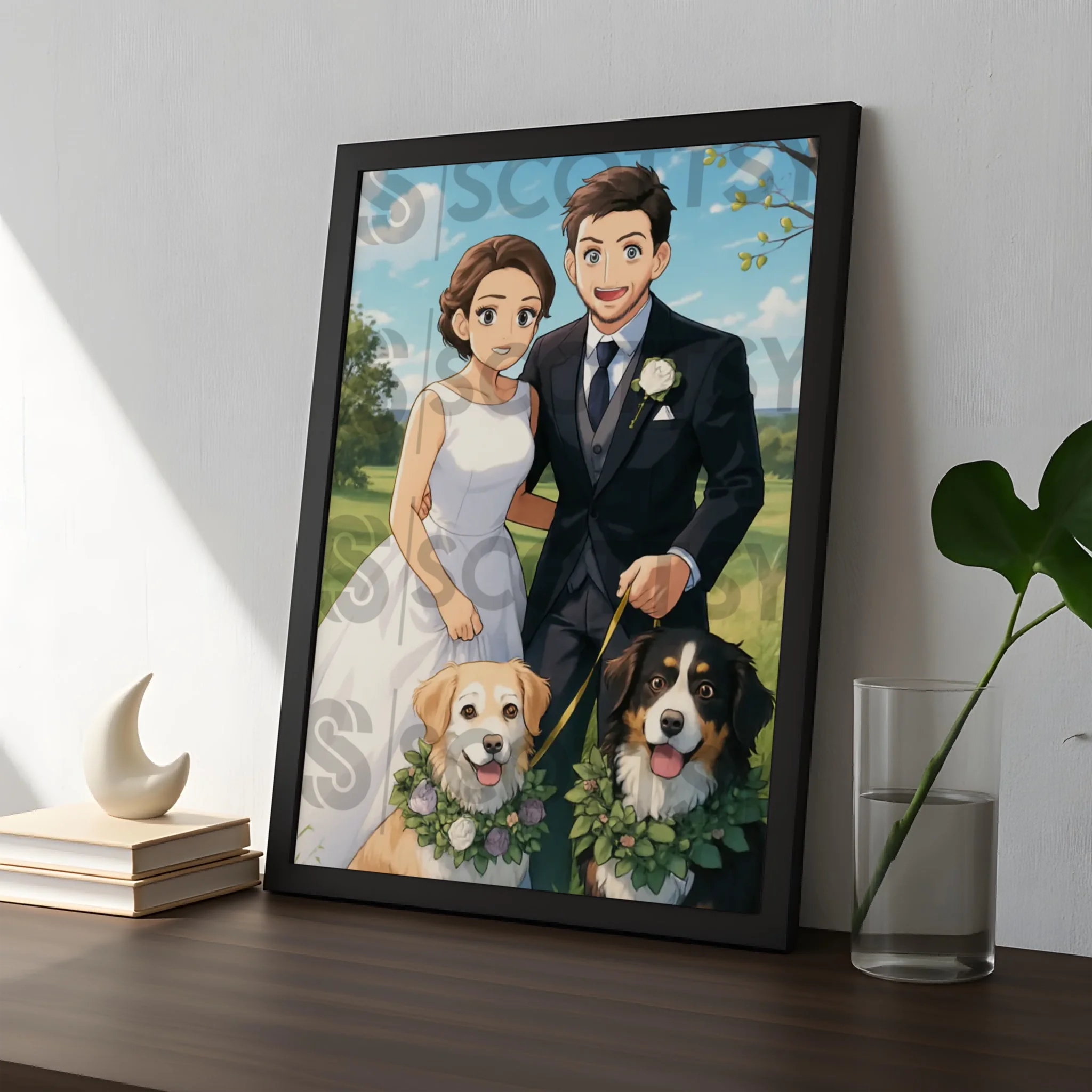 Close-up of a custom anime style couple illustration in a personalised photo frame