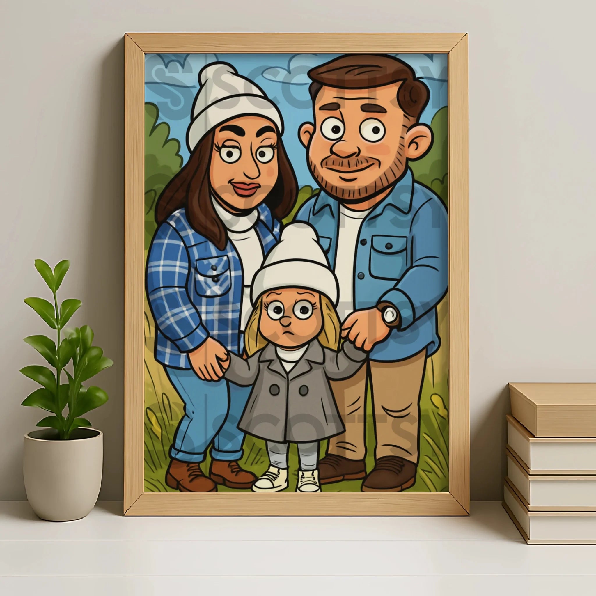 Oak finish personalised photo frame with a custom cartoon caricature portrait