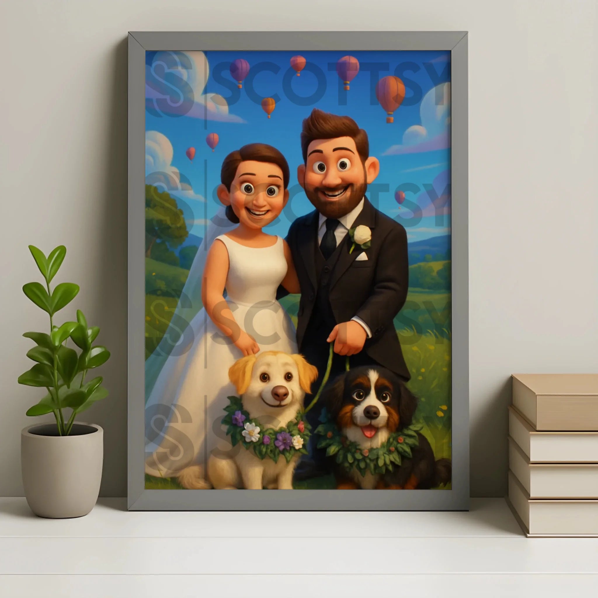 Personalised photo frame in grey finish for custom cartoon portraits