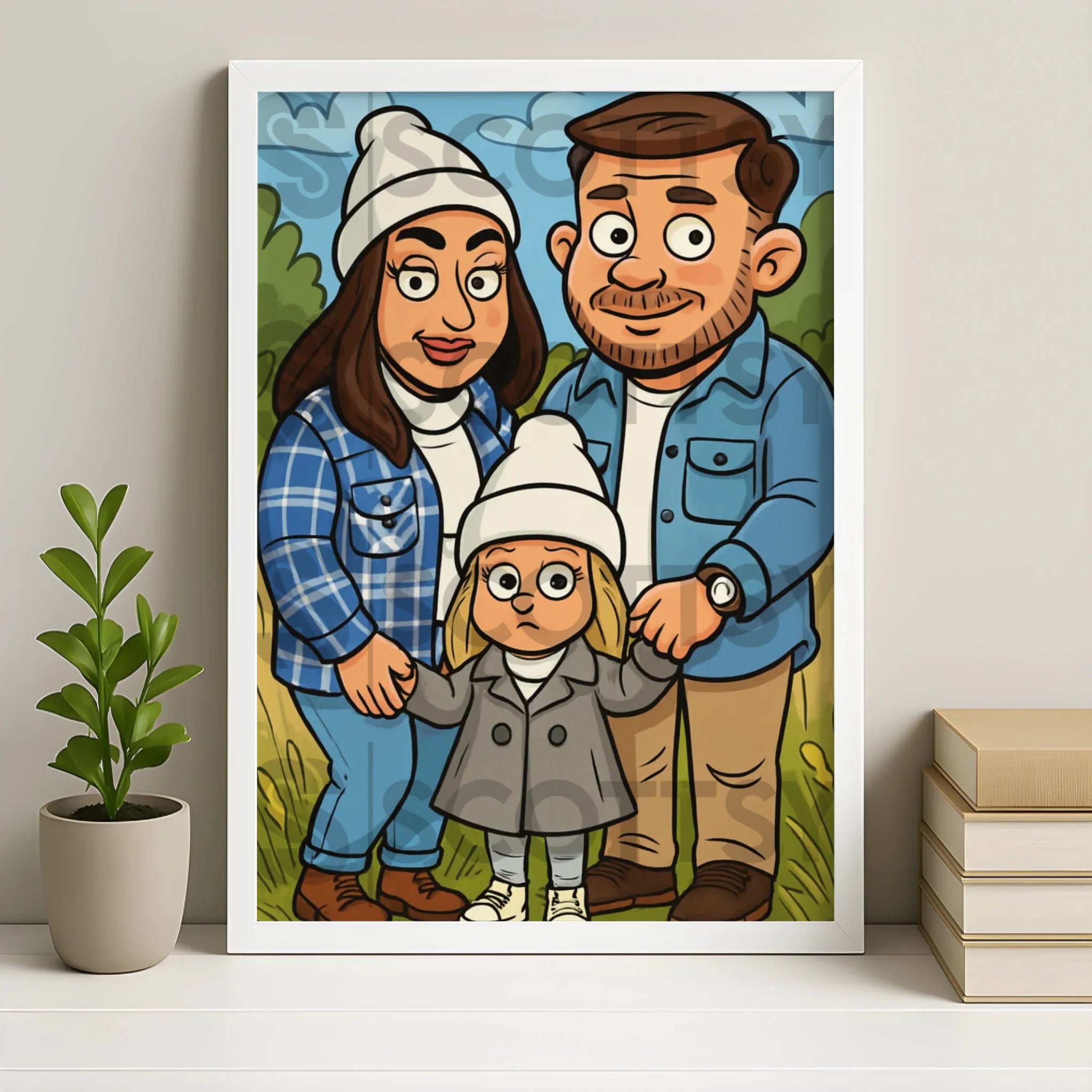 White personalised photo frame option for custom caricature portrait