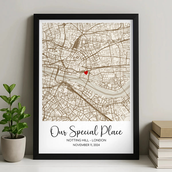 Personalised map framed print with heart marker and couples names in A4 size