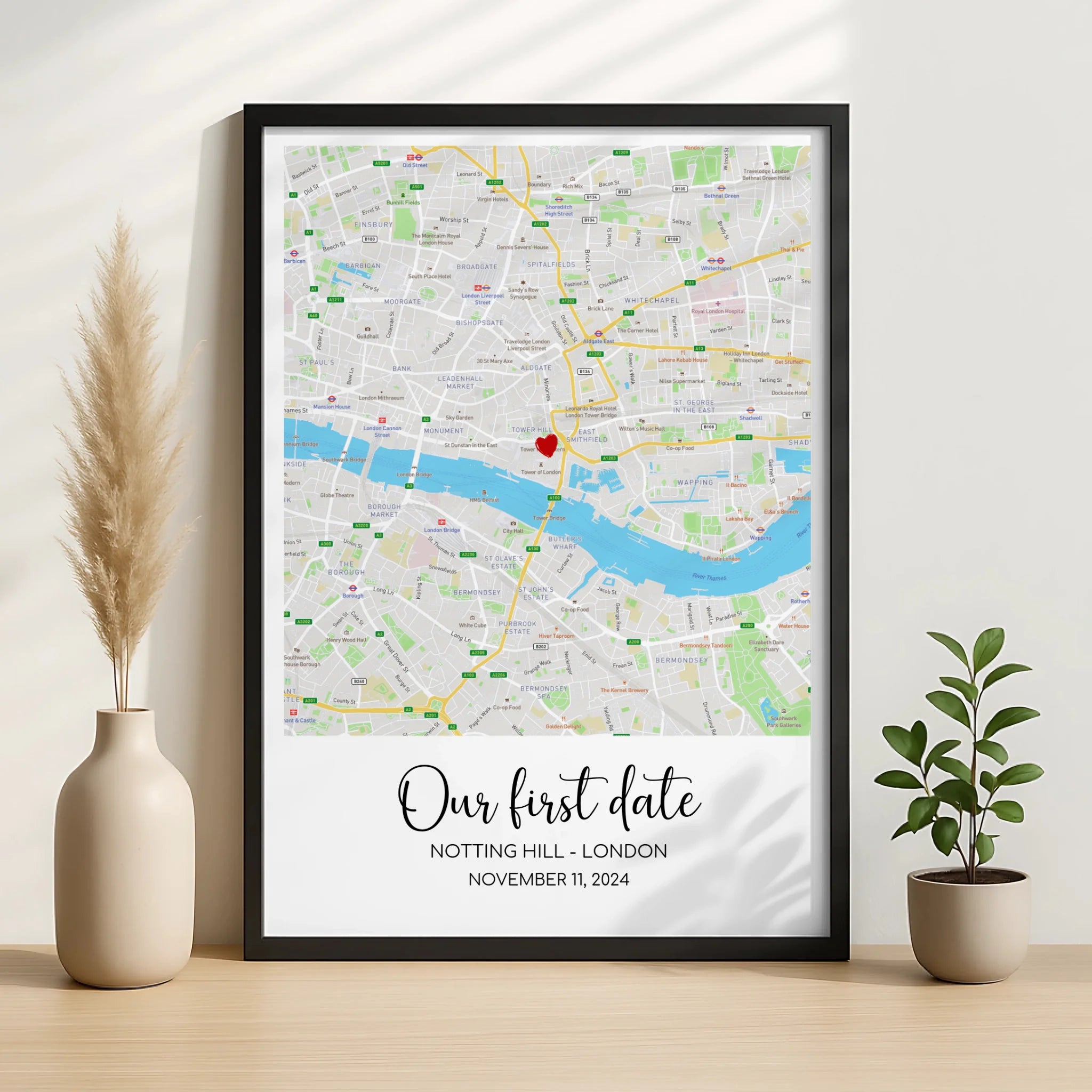 Close-up of personalised map print showing custom names, date and coordinates detail