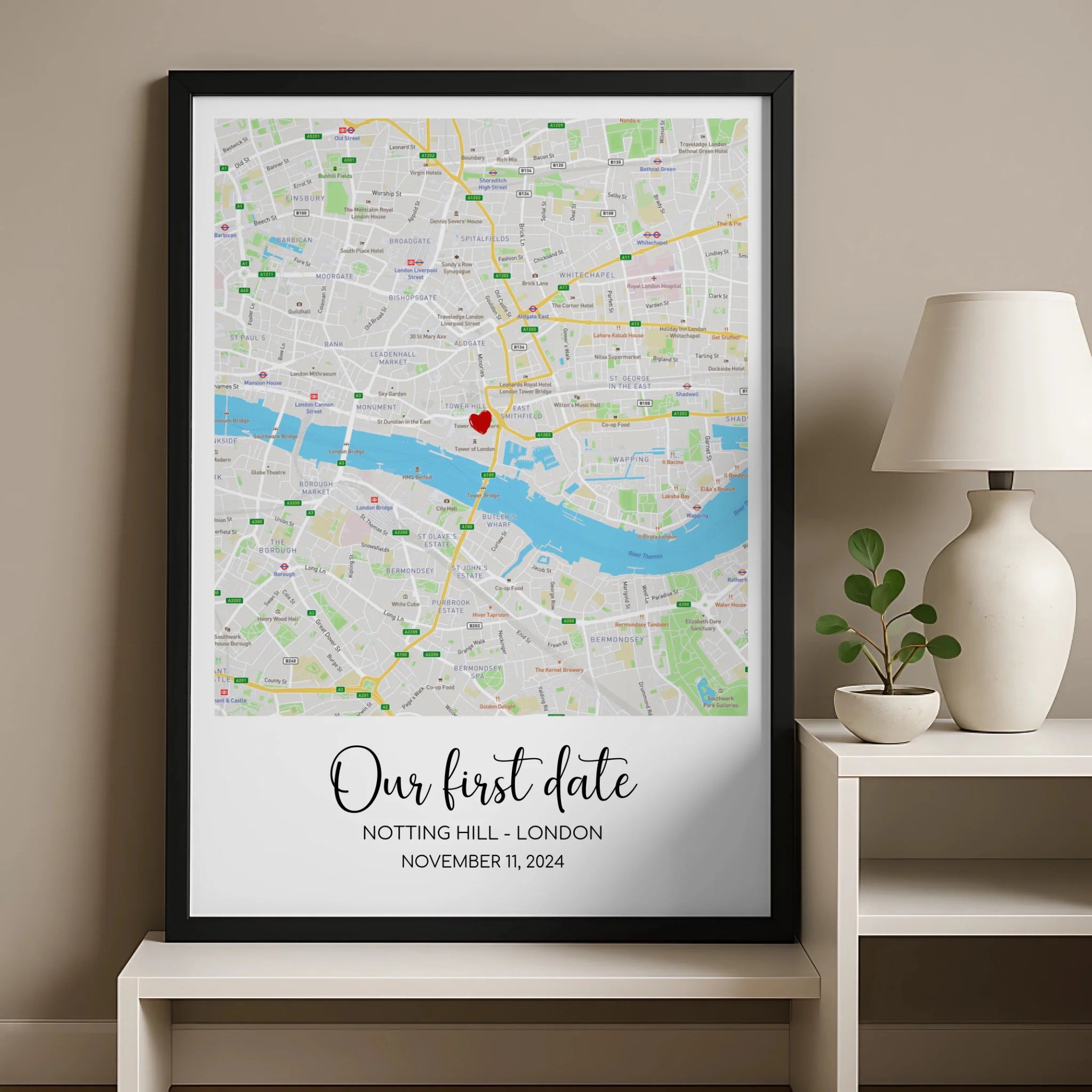 Personalised location map print in frame showing custom text and coordinates