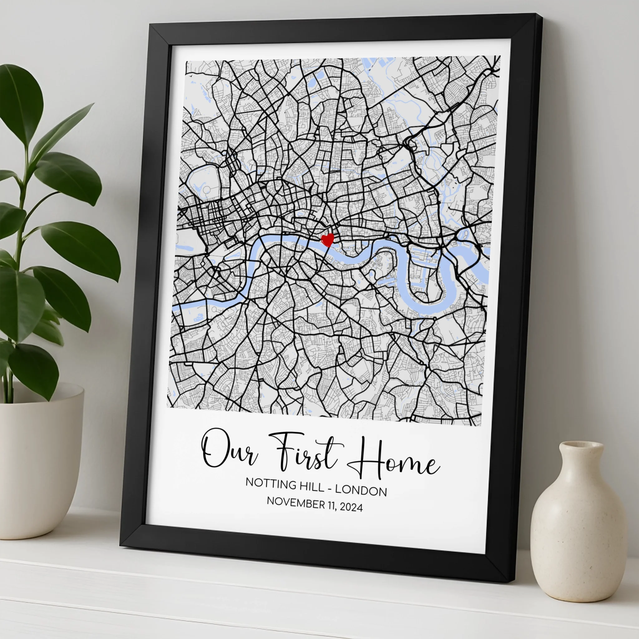 Custom location map framed print showing a personalised date and place name