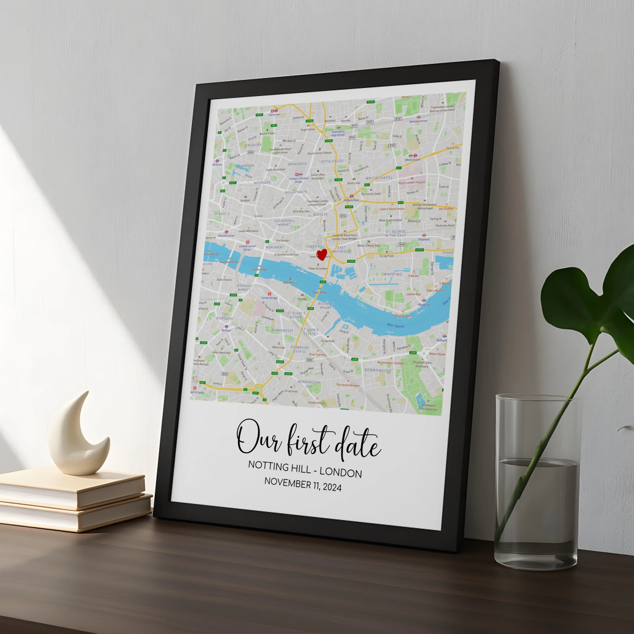 Personalised map print gift for couples with heart marker and special date