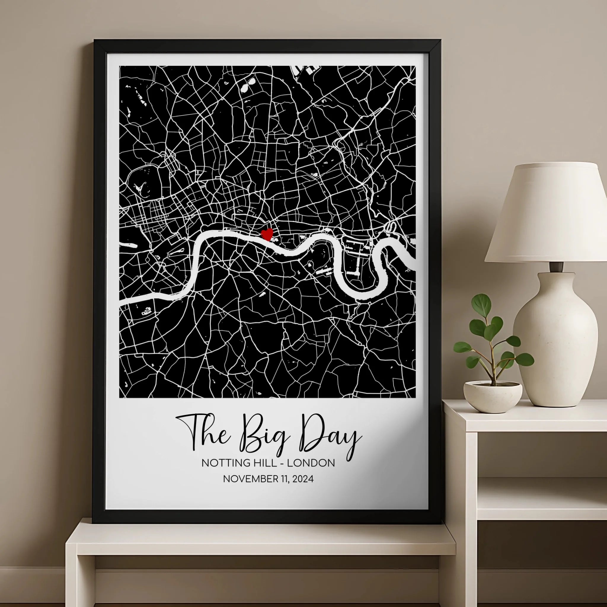Personalised location map frame showing a special place with custom text