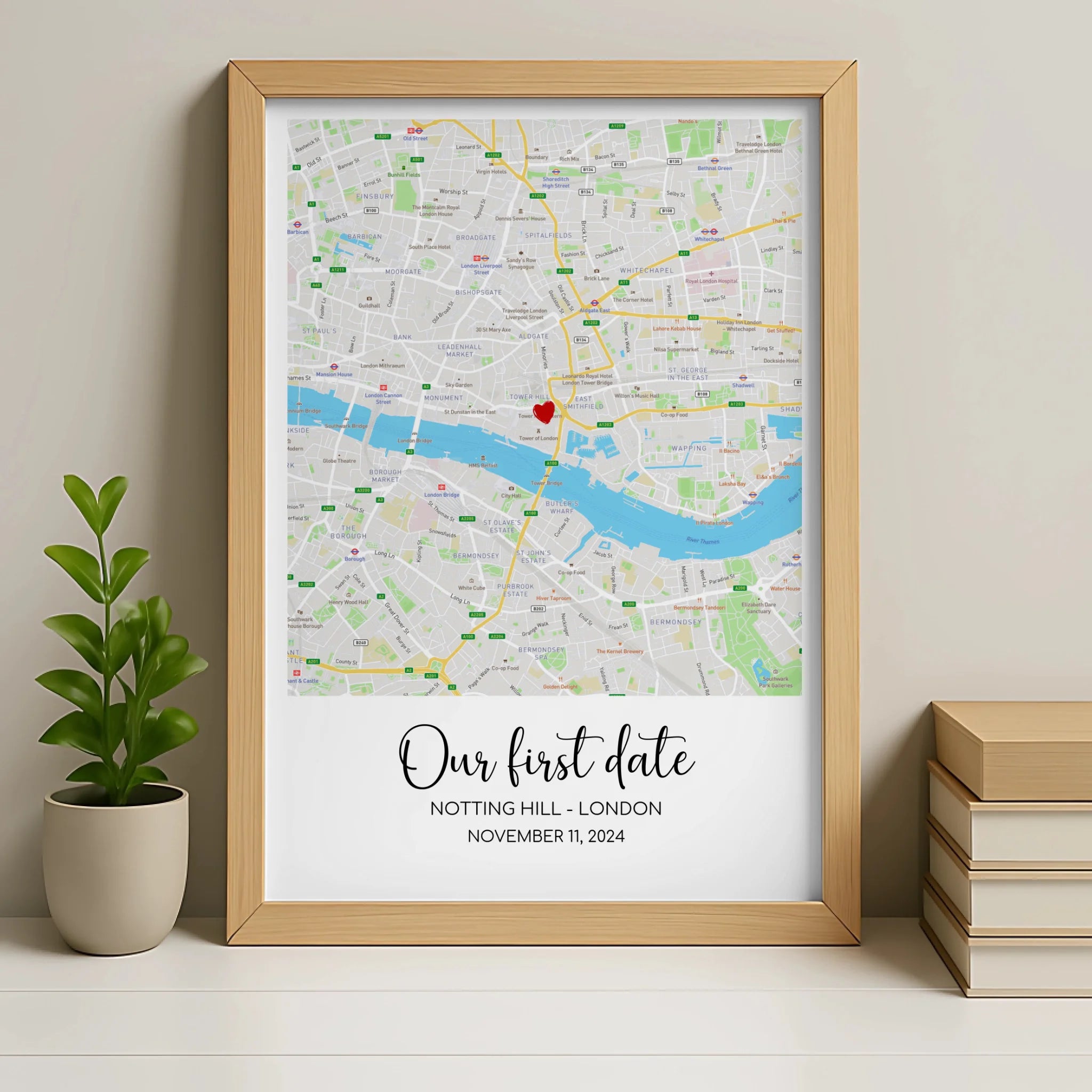 Personalised map print in oak frame with custom location, names and date