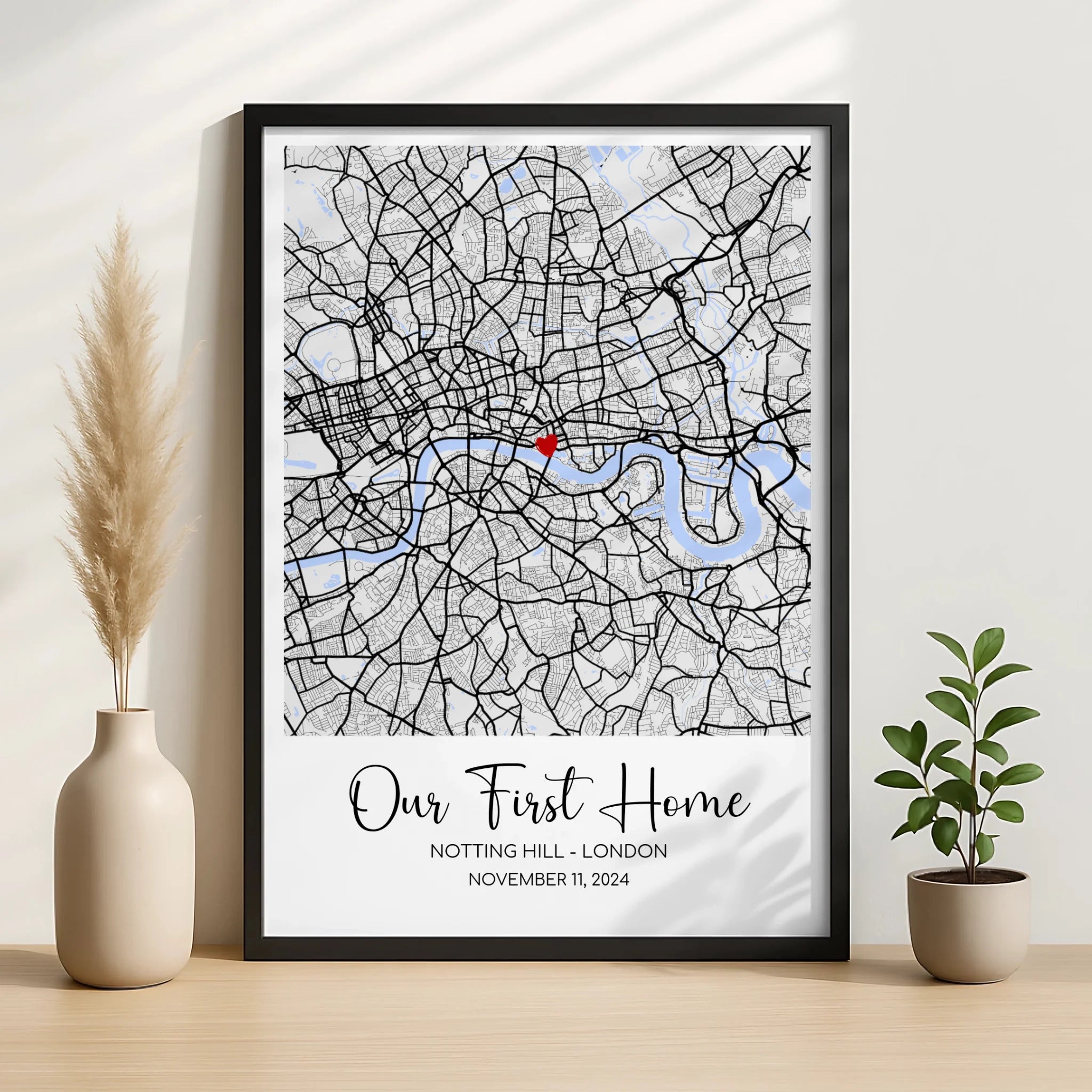 Close-up of personalised location map framed print with quote and date details