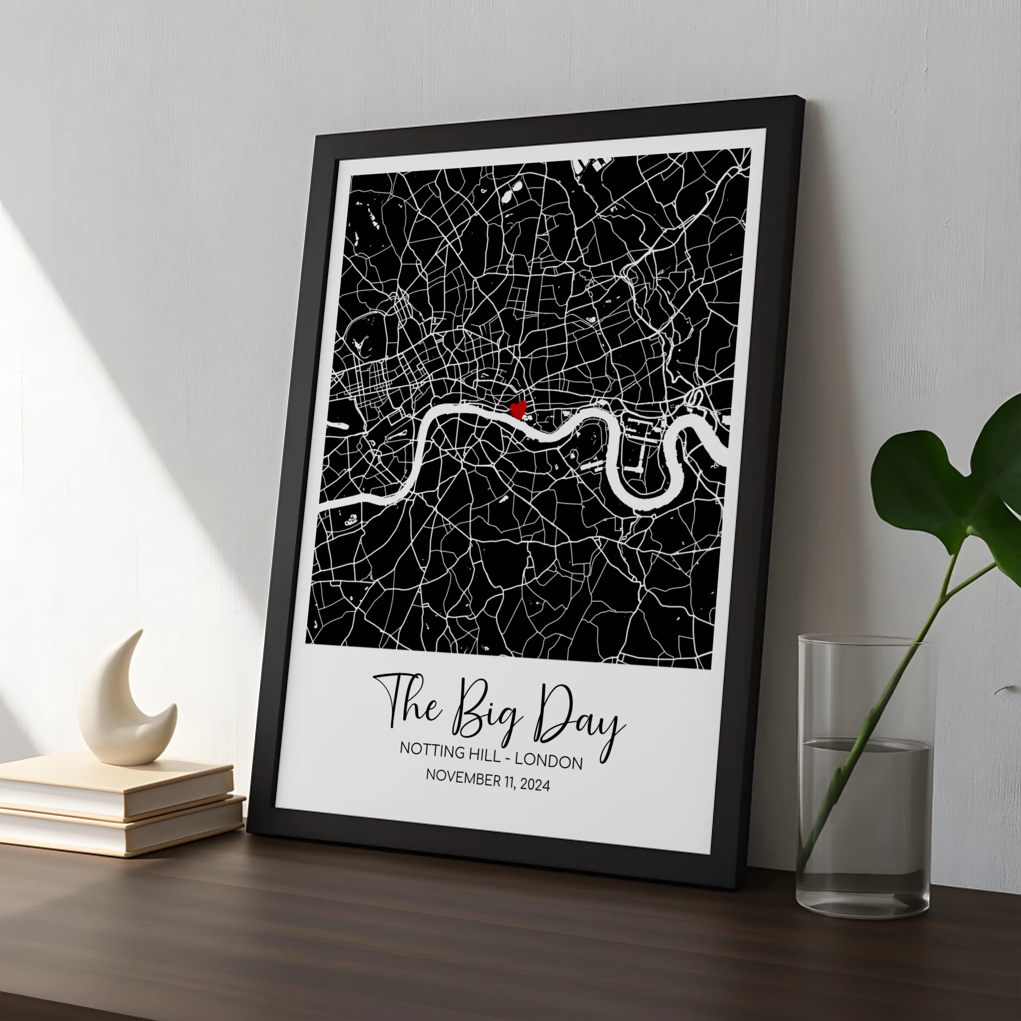 Framed personalised map print with names and date, suitable for a home wall