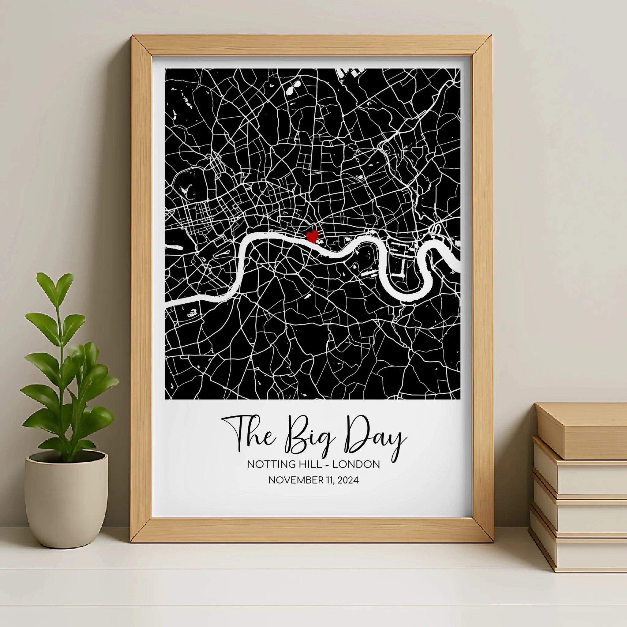 Personalised location map framed print in an oak frame finish