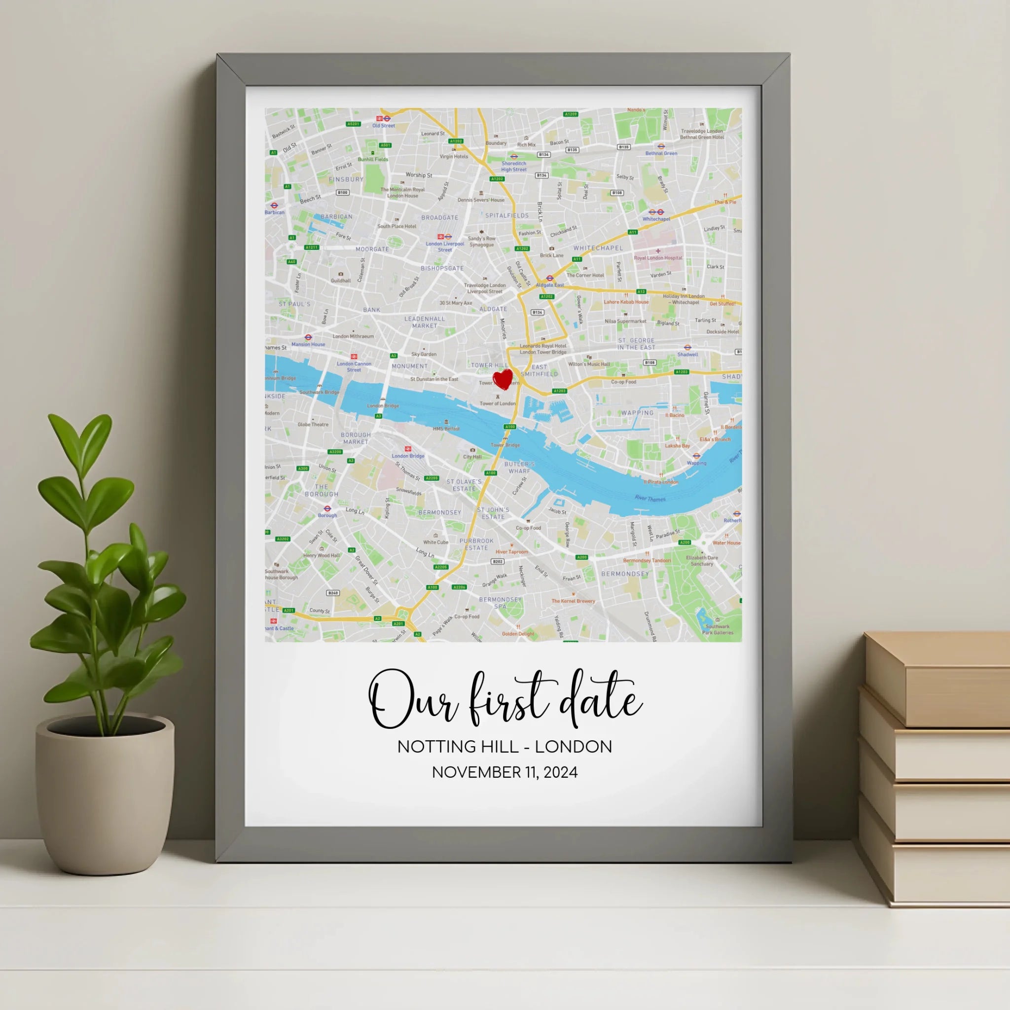 Personalised map print in grey frame with custom names, date and coordinates