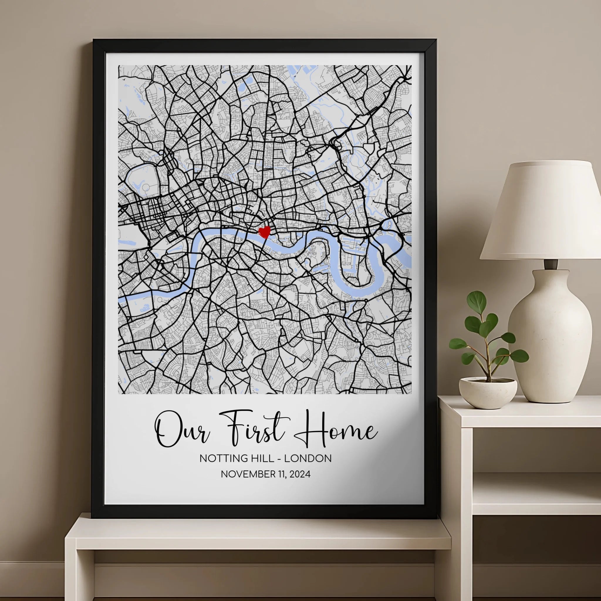 Custom location map framed print with anniversary date and coordinates on white background