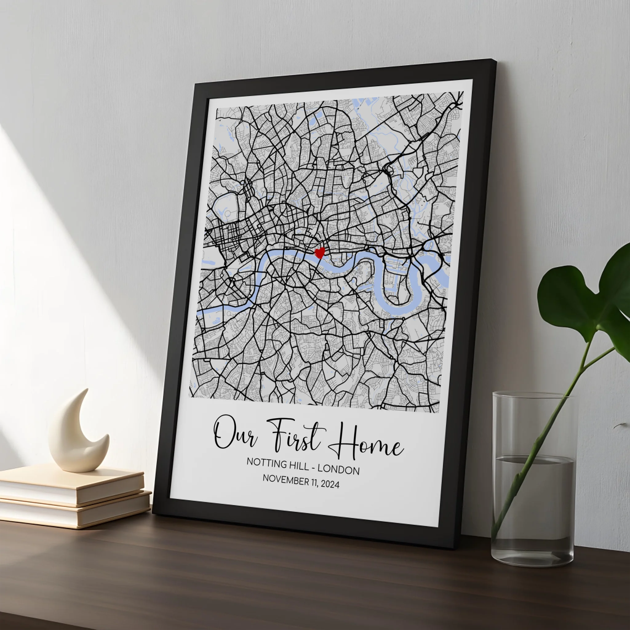 Personalised location map frame showing a UK map with custom quote and coordinates