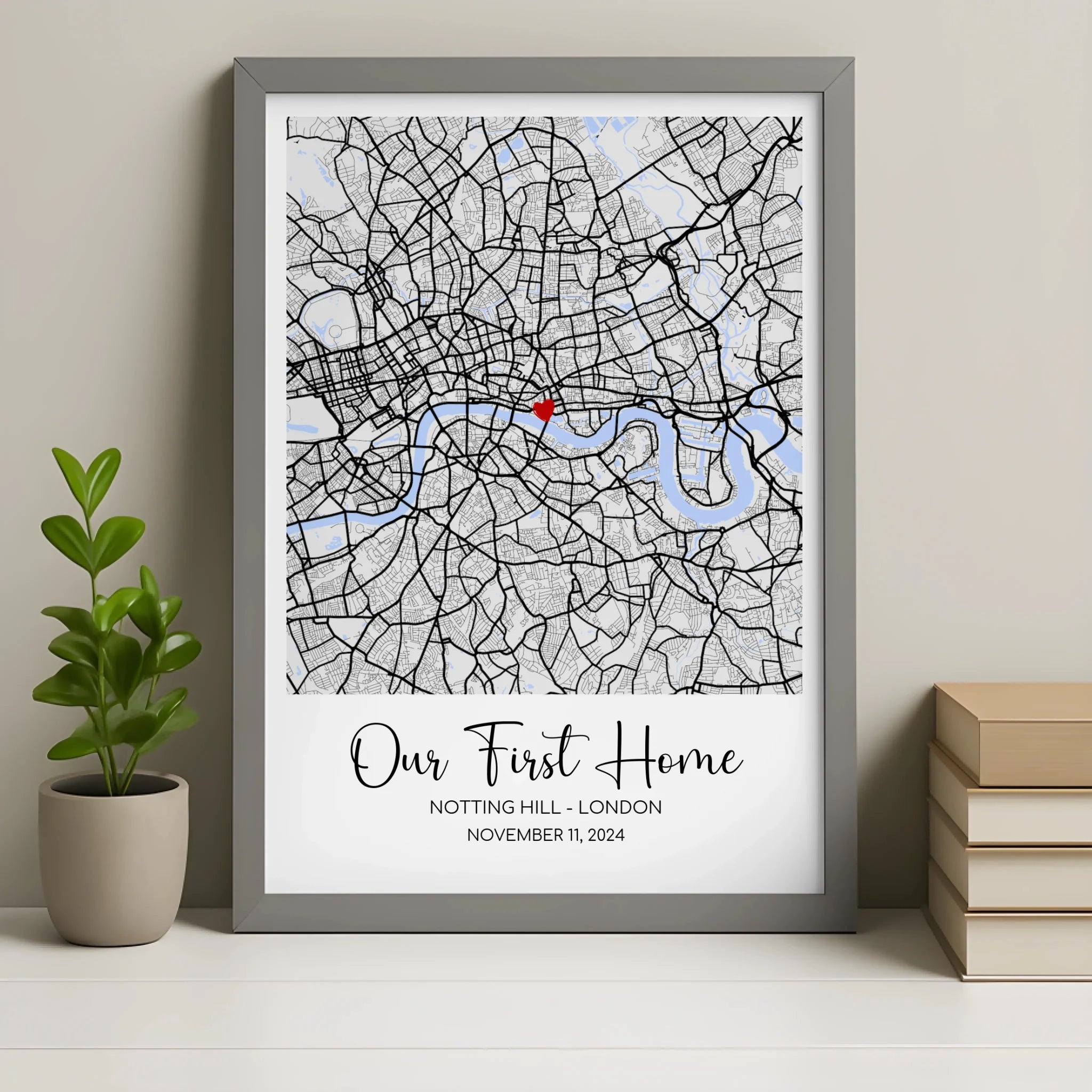 Personalised location map framed print in grey frame with custom date and coordinates