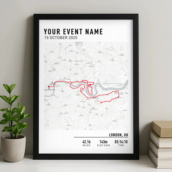 Personalised route map print in a minimal style, showing a custom running route
