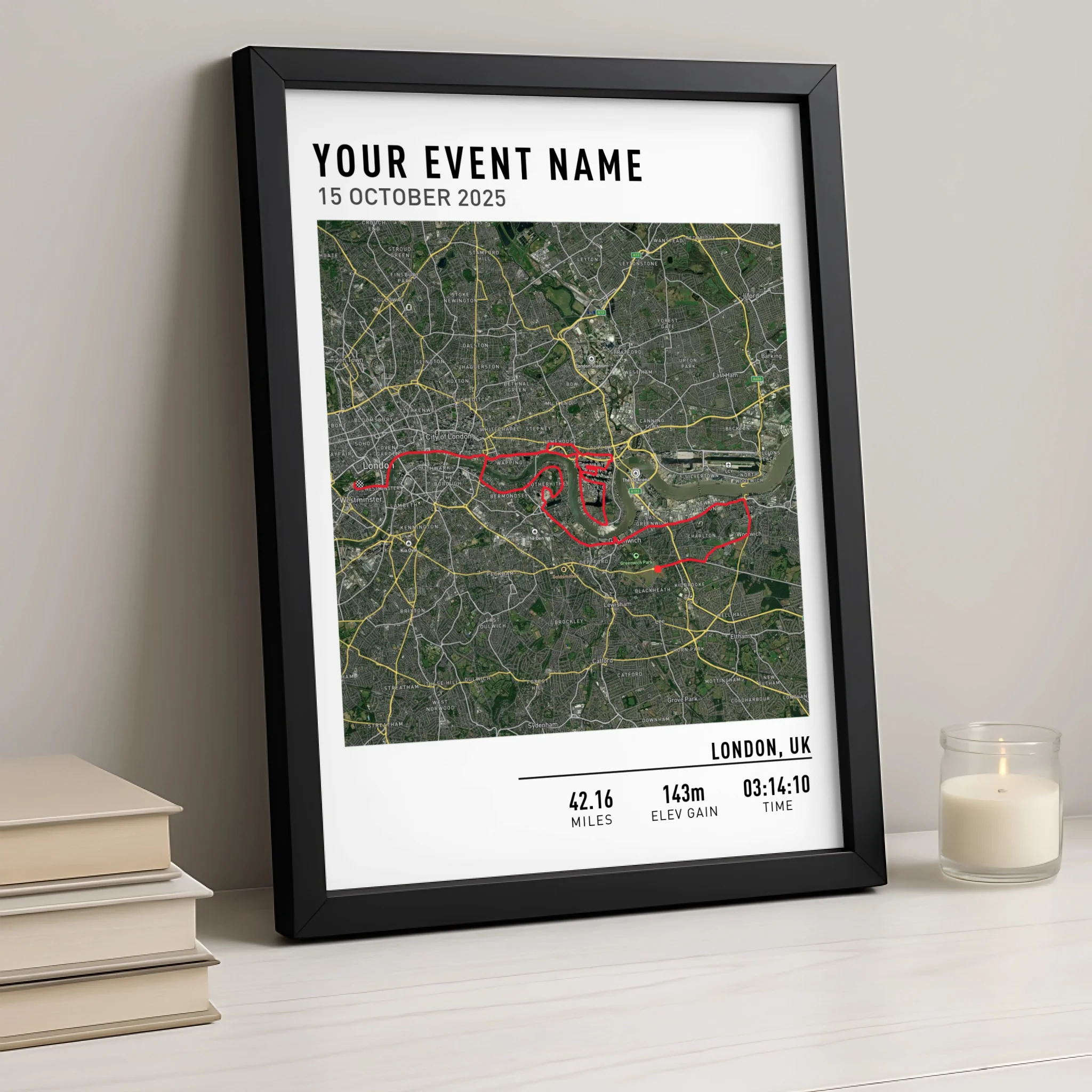 Personalised hiking route map print displayed in a photo frame