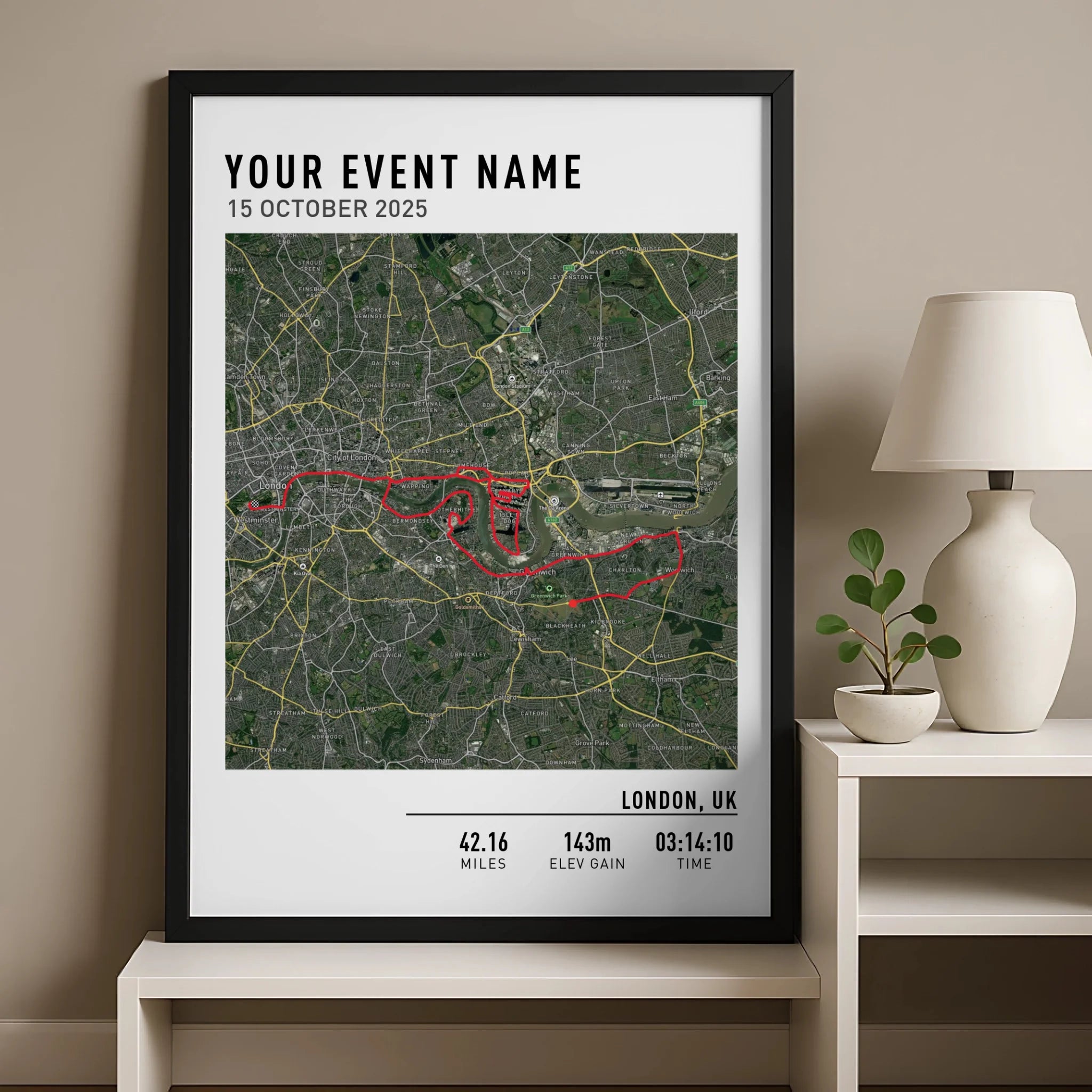 Custom GPX map print in a frame showing a detailed running or cycling route