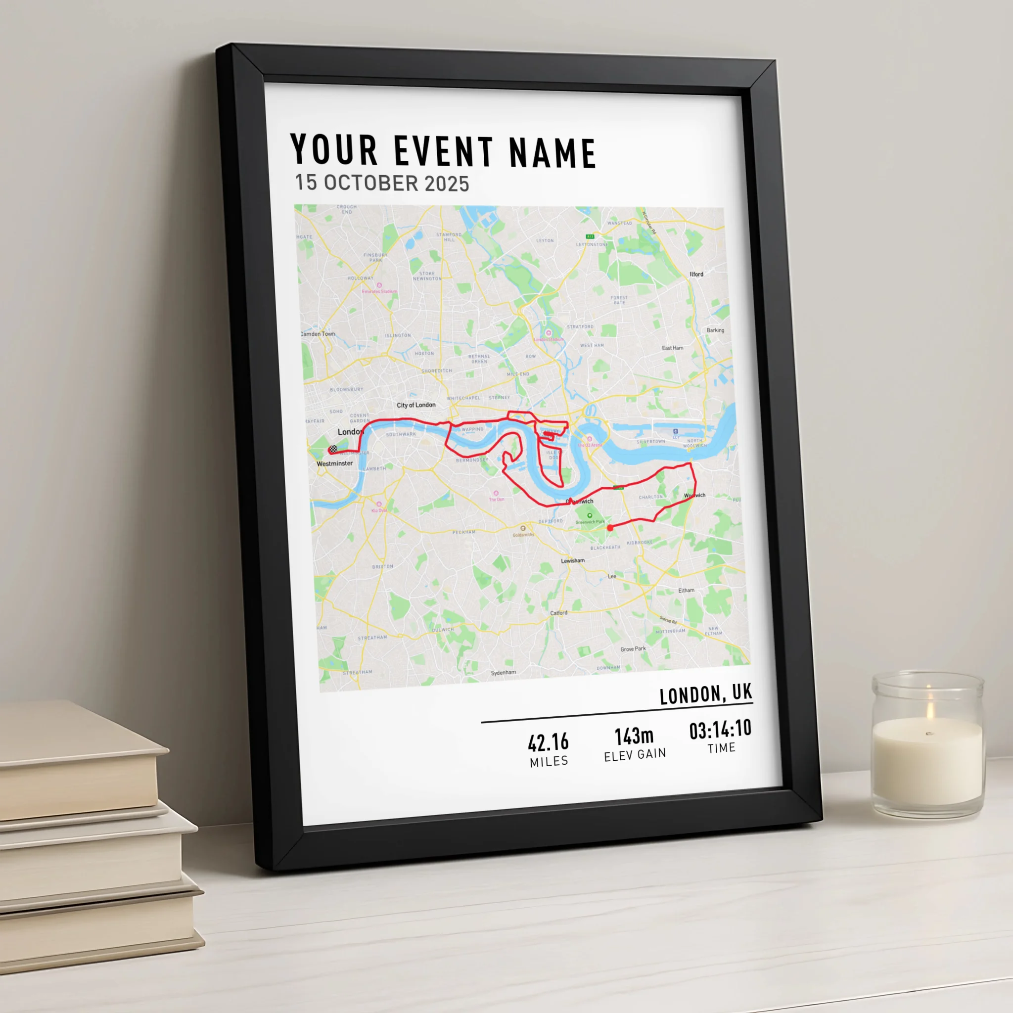 Personalised GPX route map print framed as a cycling gift
