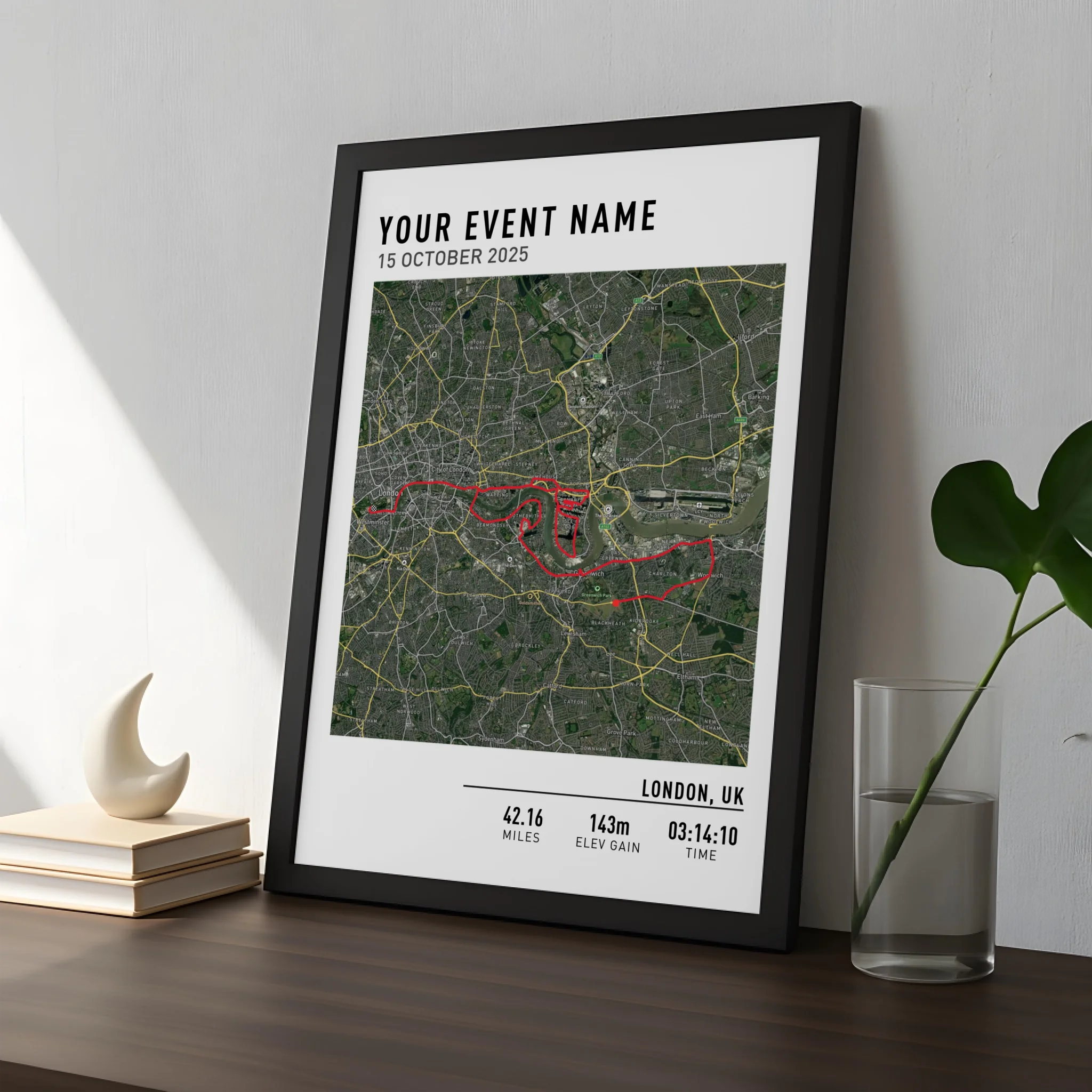 Personalised route map print gift in a white photo frame