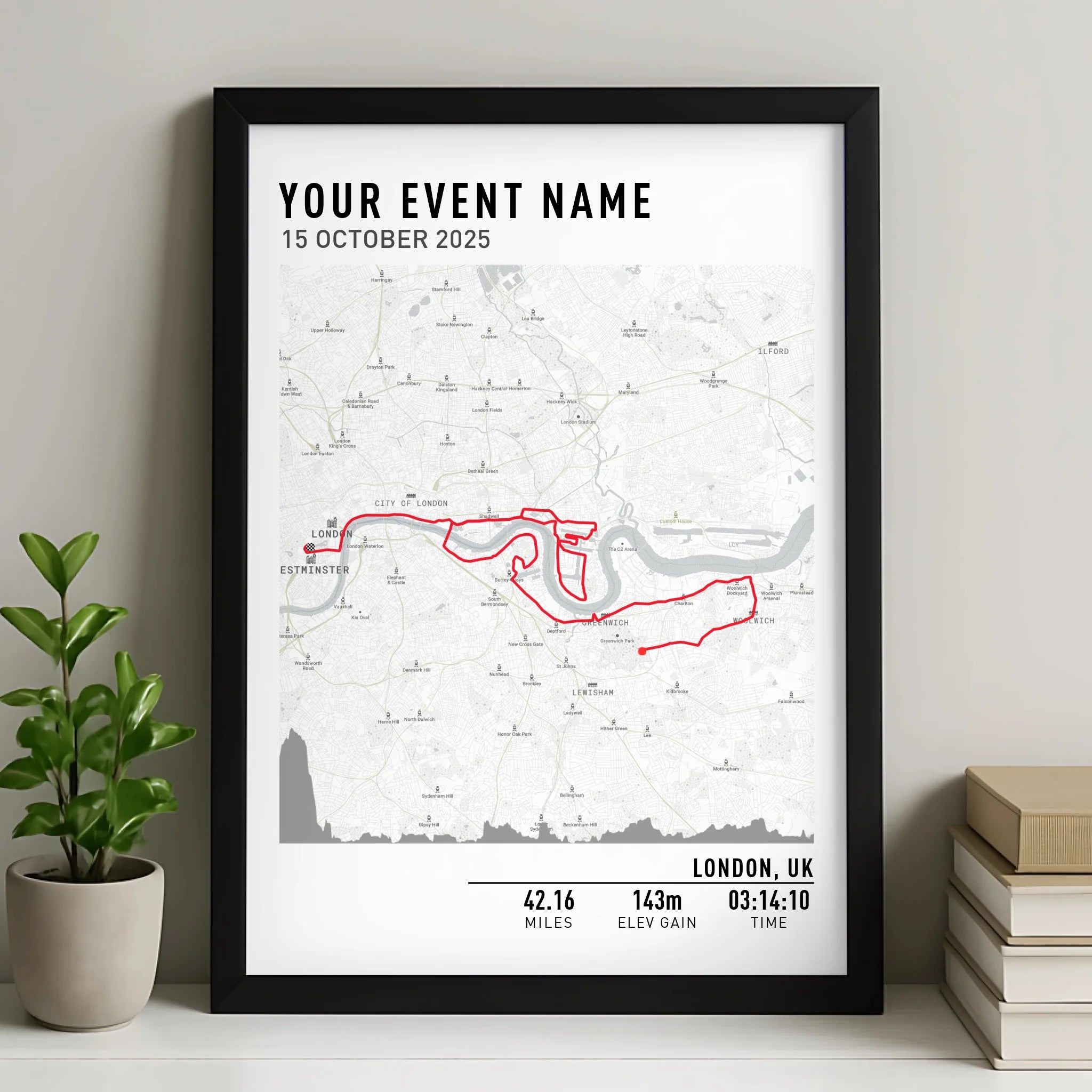 Personalised route map print in a photo frame showing a custom running route with elevation