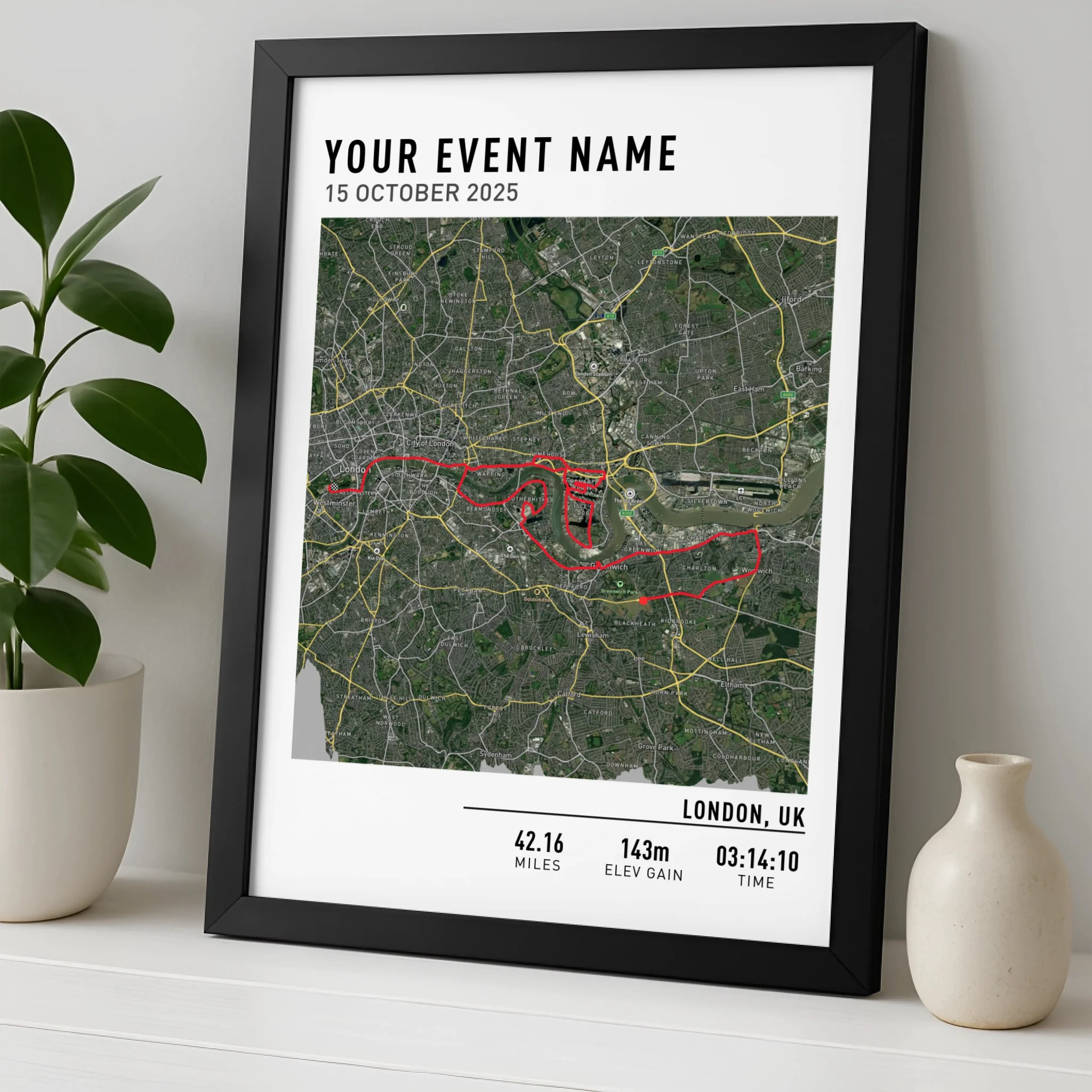 Custom route map photo frame print for a hiking or cycling route from GPX data