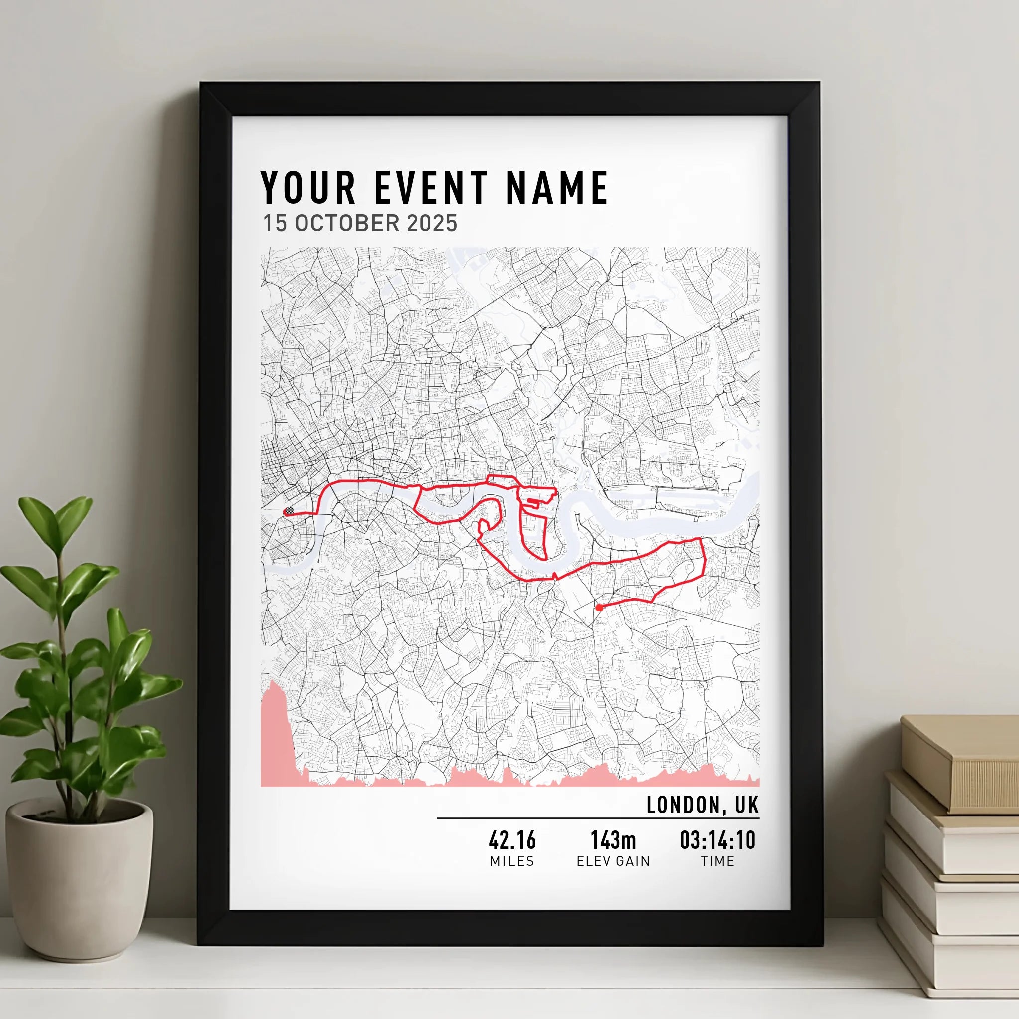 Customised Route Map Print | Personalised Running, Hiking or Cycling Gift | GPX Data or Link App - Black & White Minimal With Elevation Multiplier