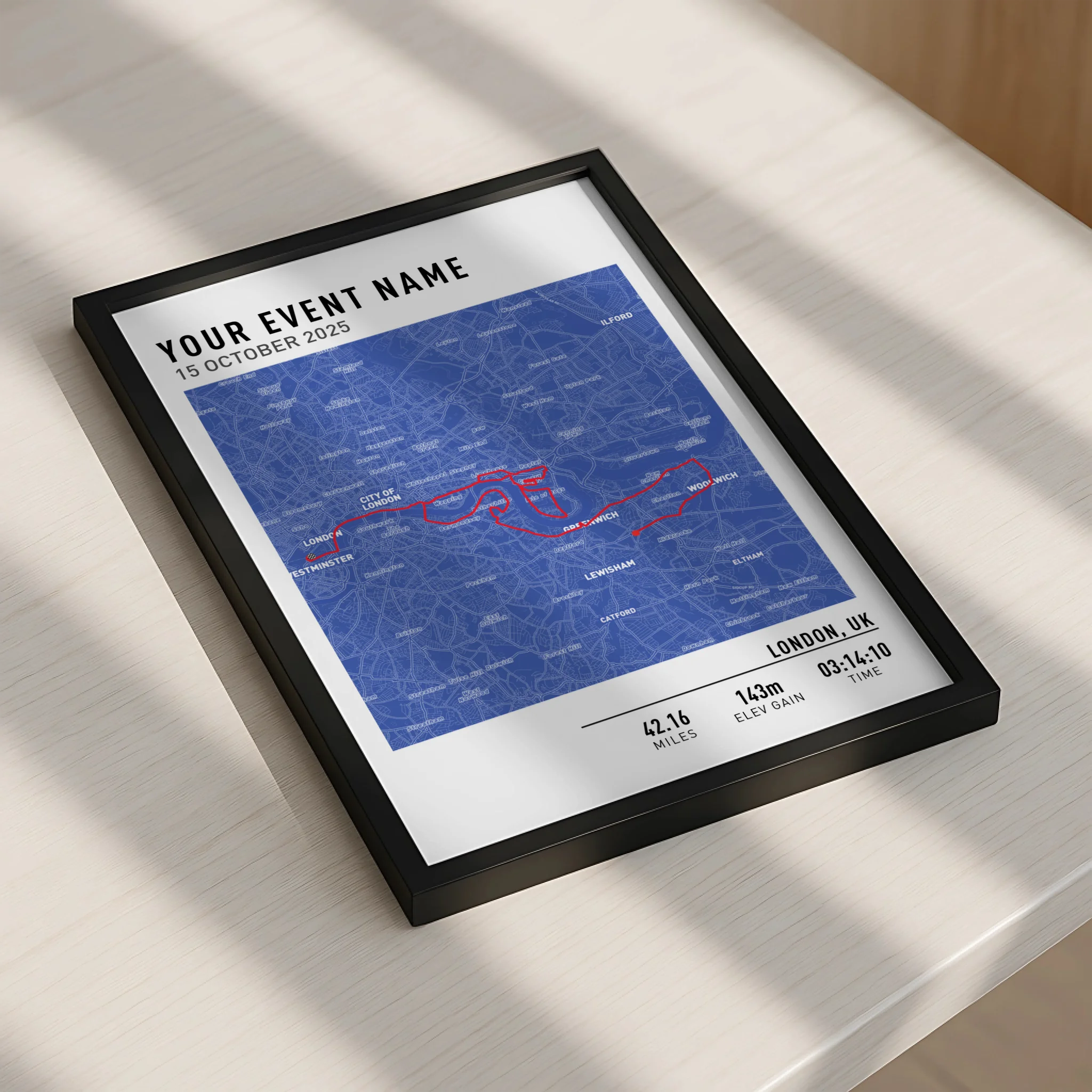 Blueprint style personalised running route map print in a photo frame