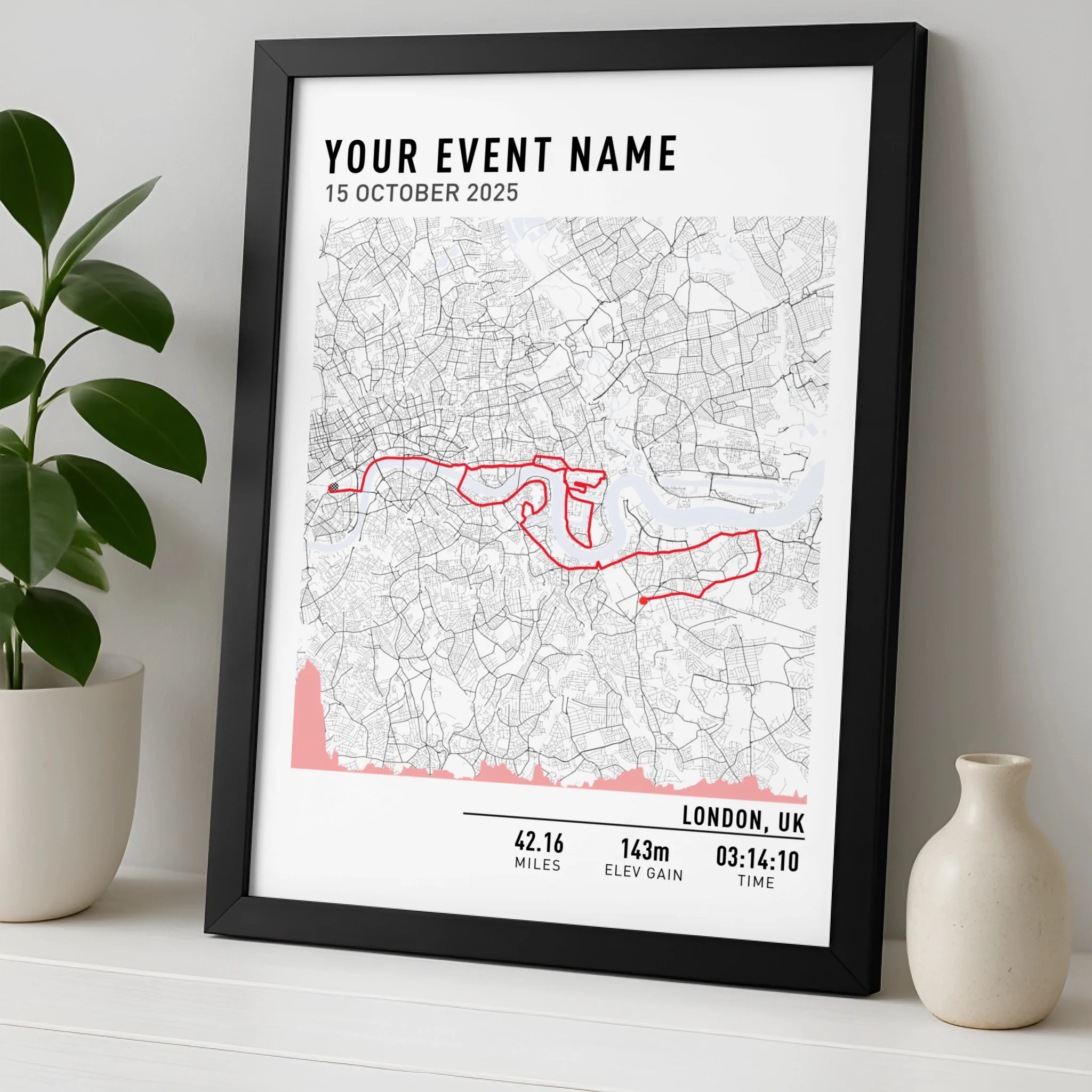Custom GPX route map print displayed in a photo frame, ideal for runners and cyclists
