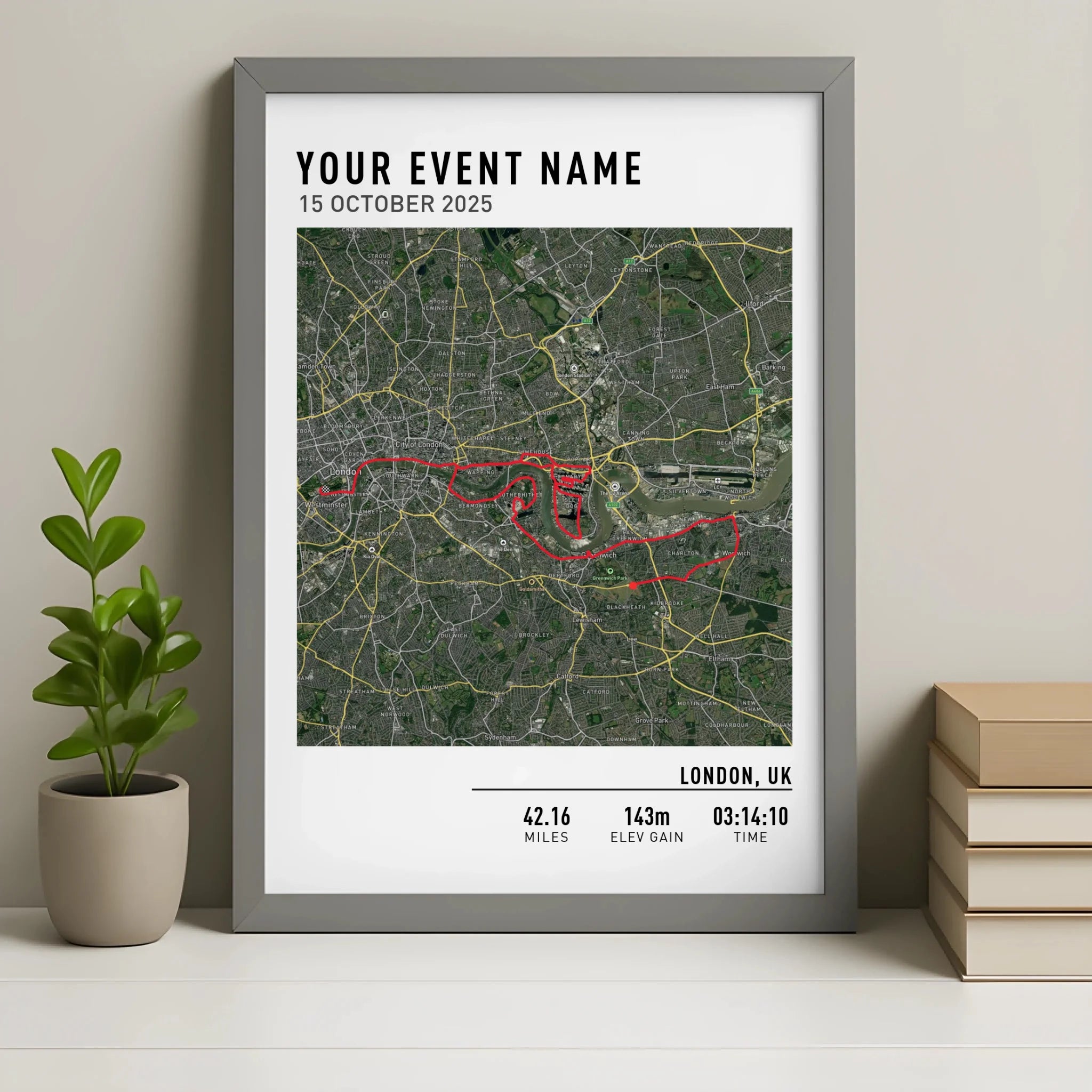 Personalised route map photo frame print in grey finish