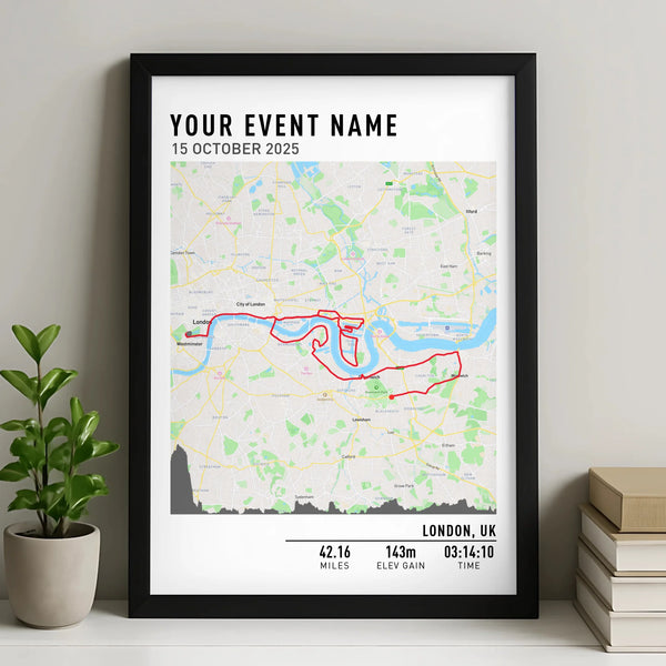 Personalised route map photo frame showing a running route with elevation profile