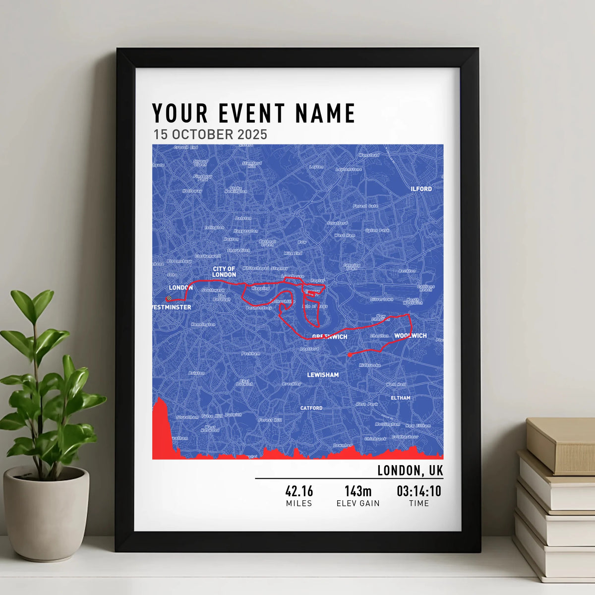 Customised Route Map Print | Personalised Running, Hiking or Cycling Gift | GPX Data or Link App - Blueprint With Elevation Multiplier