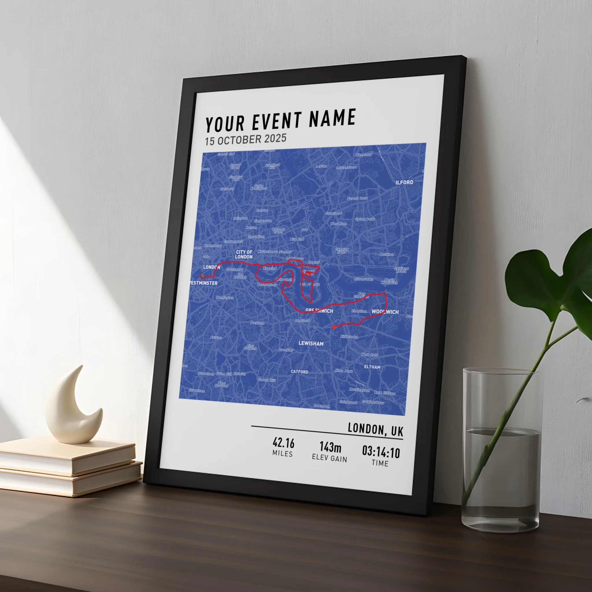 Personalised route map print gift for runners and cyclists in blueprint style