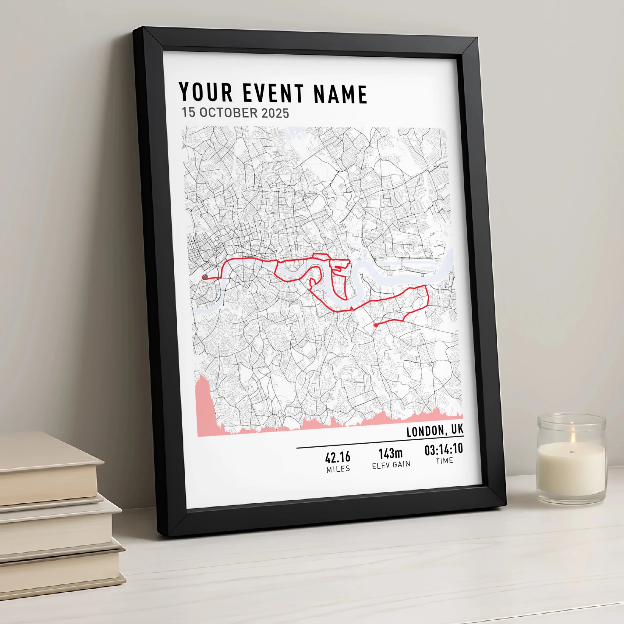 Customised Route Map Print | Personalised Running, Hiking or Cycling Gift | GPX Data or Link App - Black & White Minimal With Elevation Multiplier