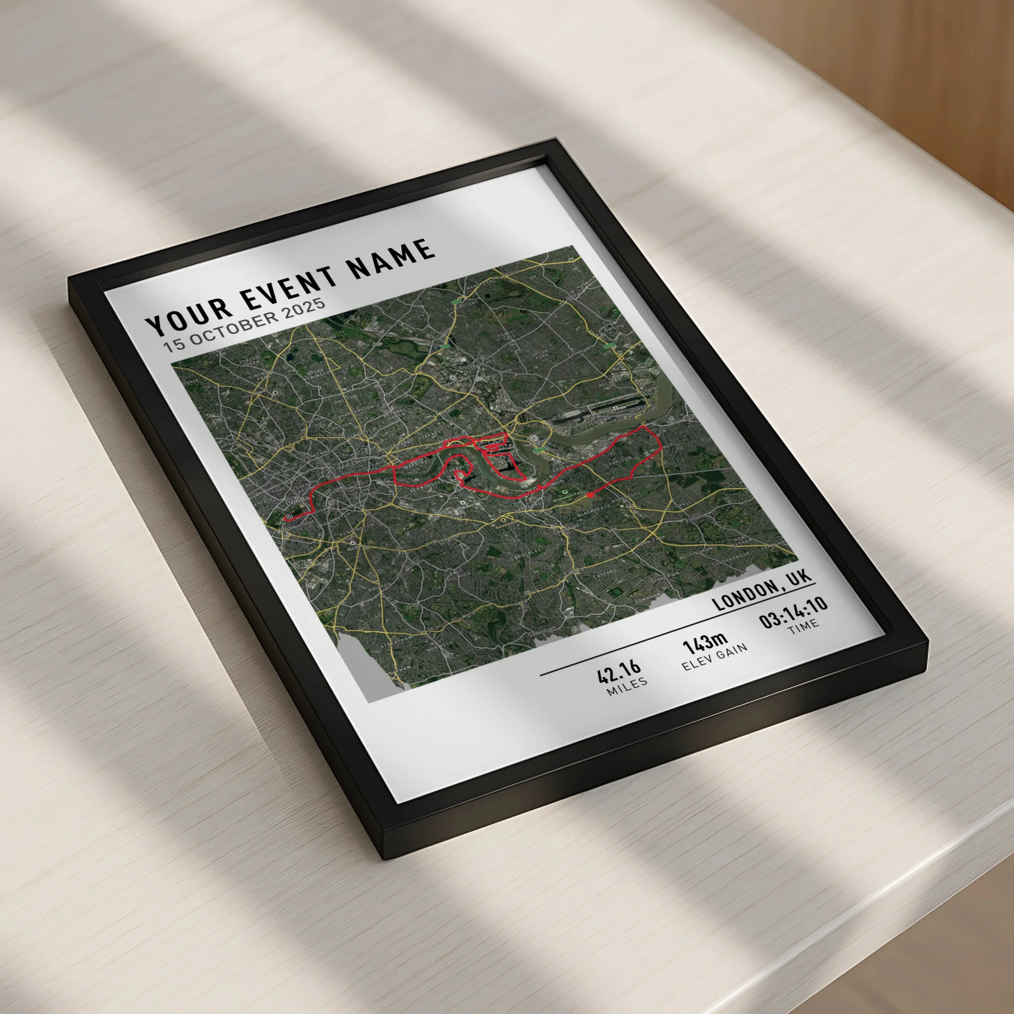 Customised cycling route map in a personalised photo frame gift