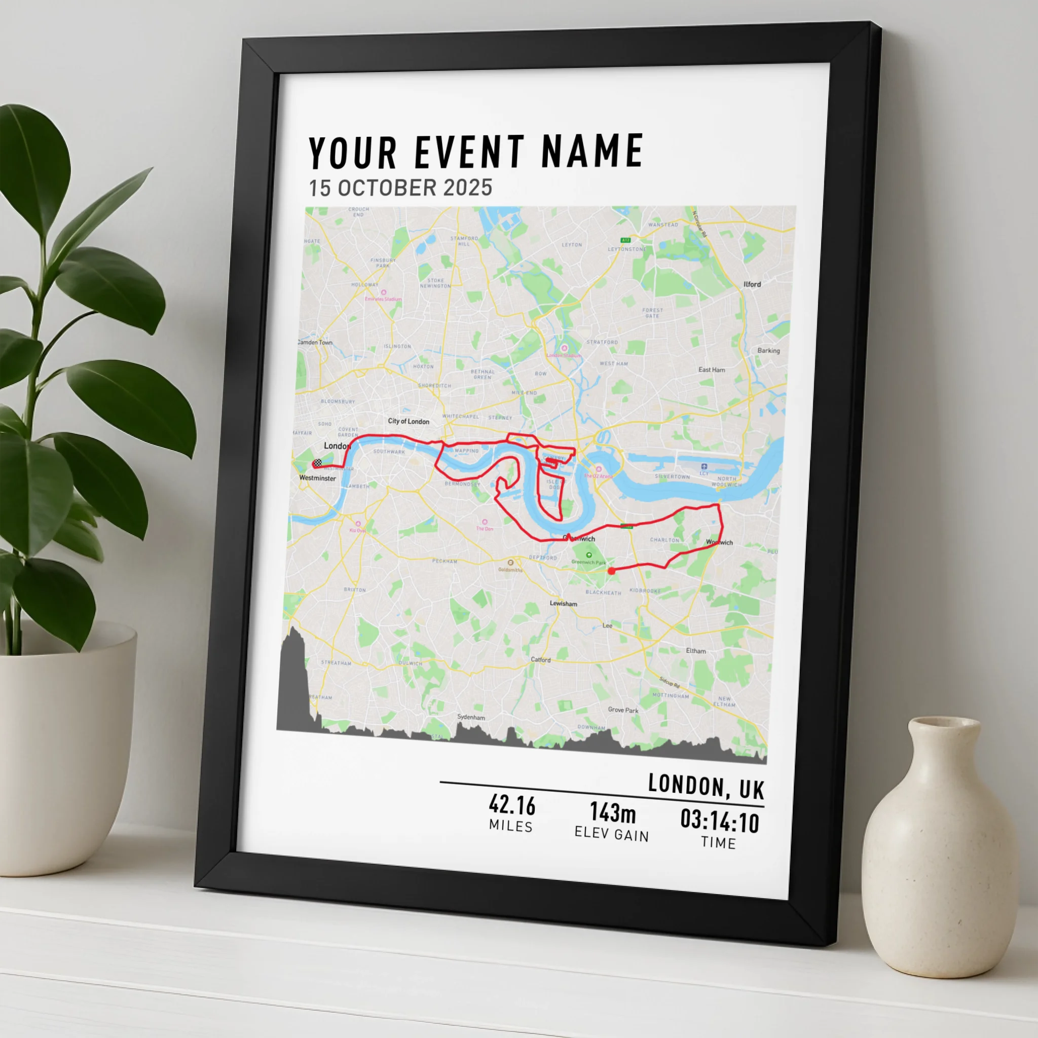 Custom GPX route map print framed on a wall, ideal for runners and cyclists