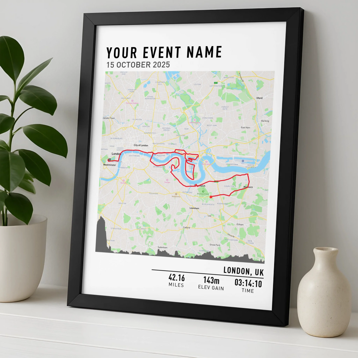 Customised Route Map Print | Personalised Running, Hiking or Cycling Gift | GPX Data or Link App - Nav Map With Elevation Multiplier