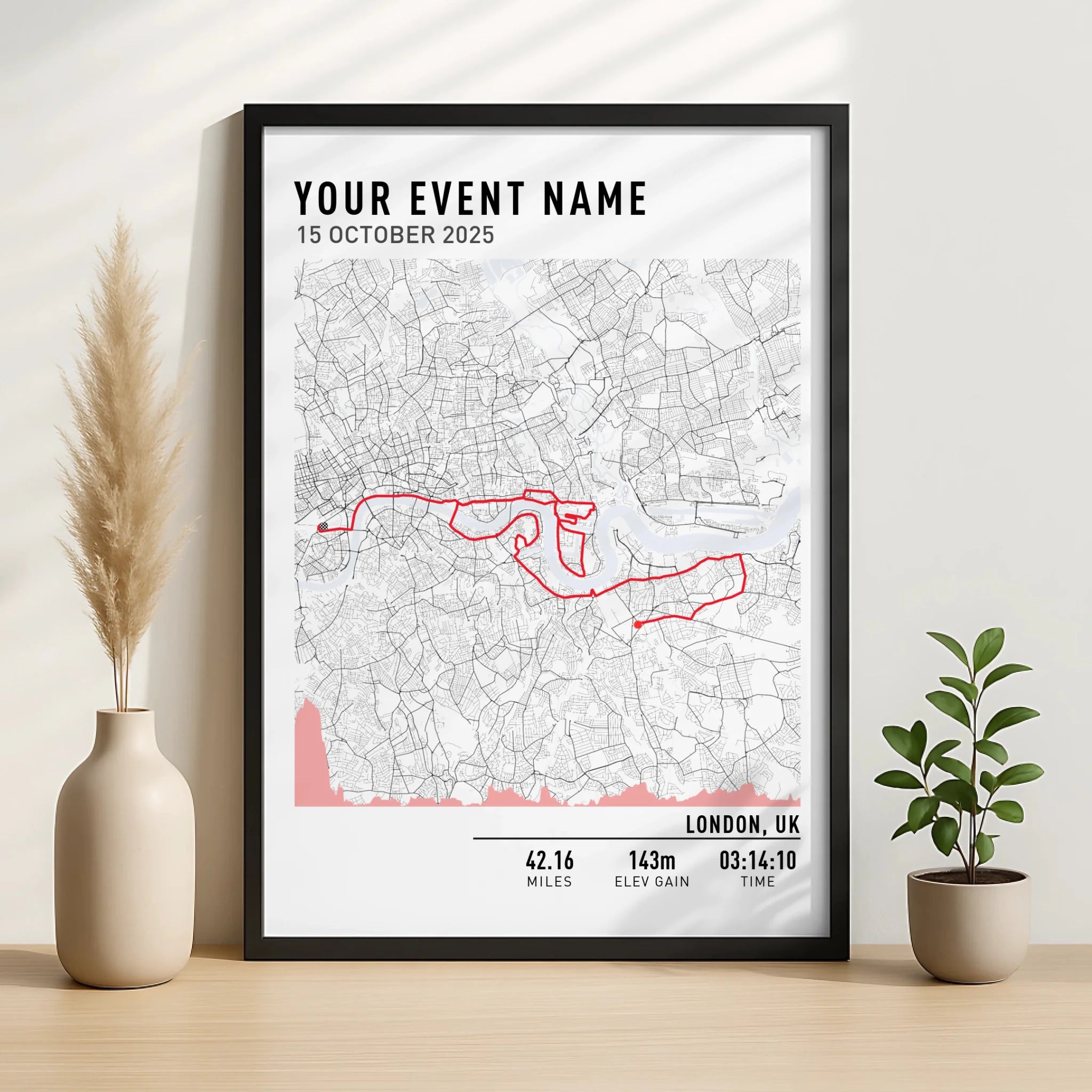 Framed custom route map print showing a hiking route with distance and elevation stats