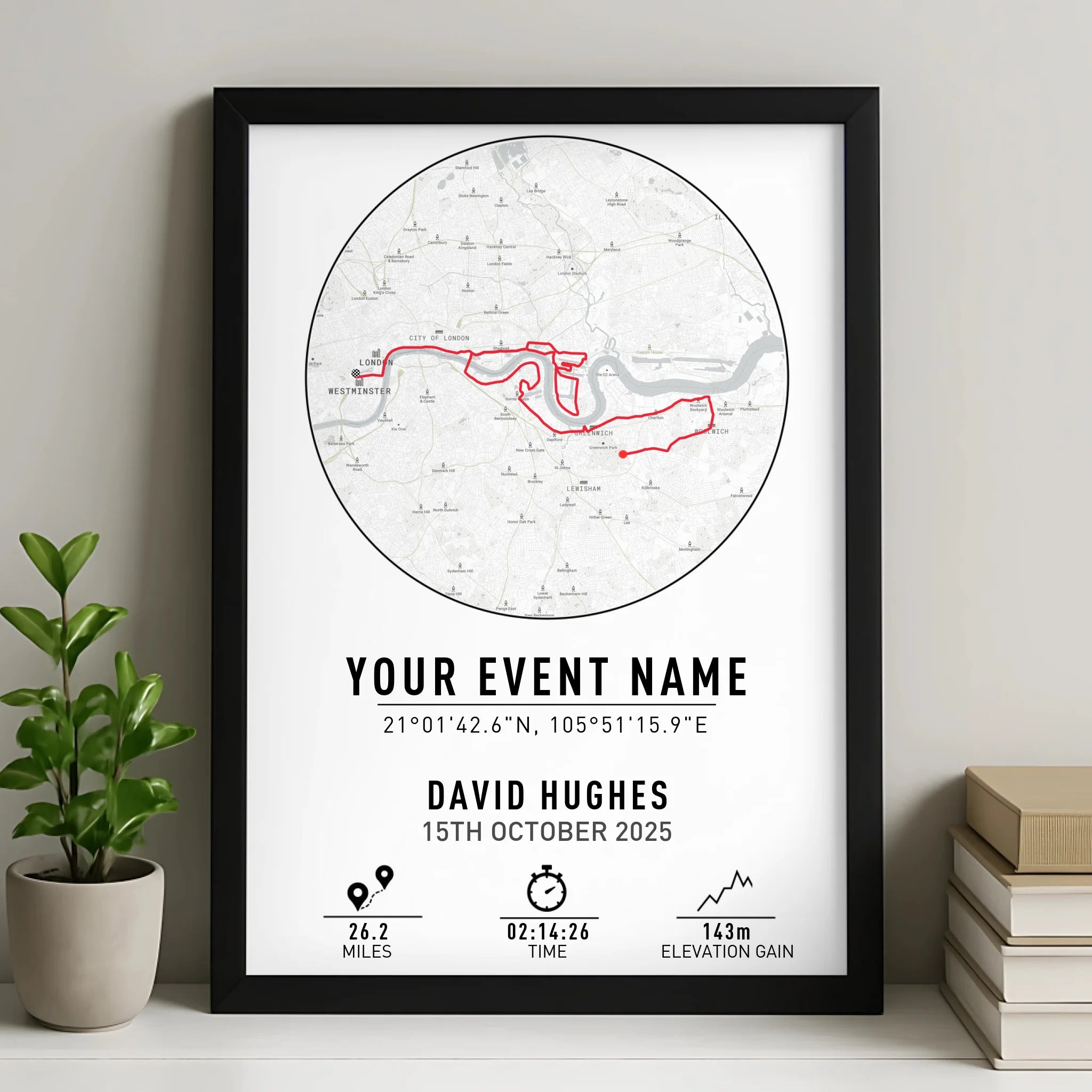 Personalised route map print in a photo frame showing a custom running route with coordinates