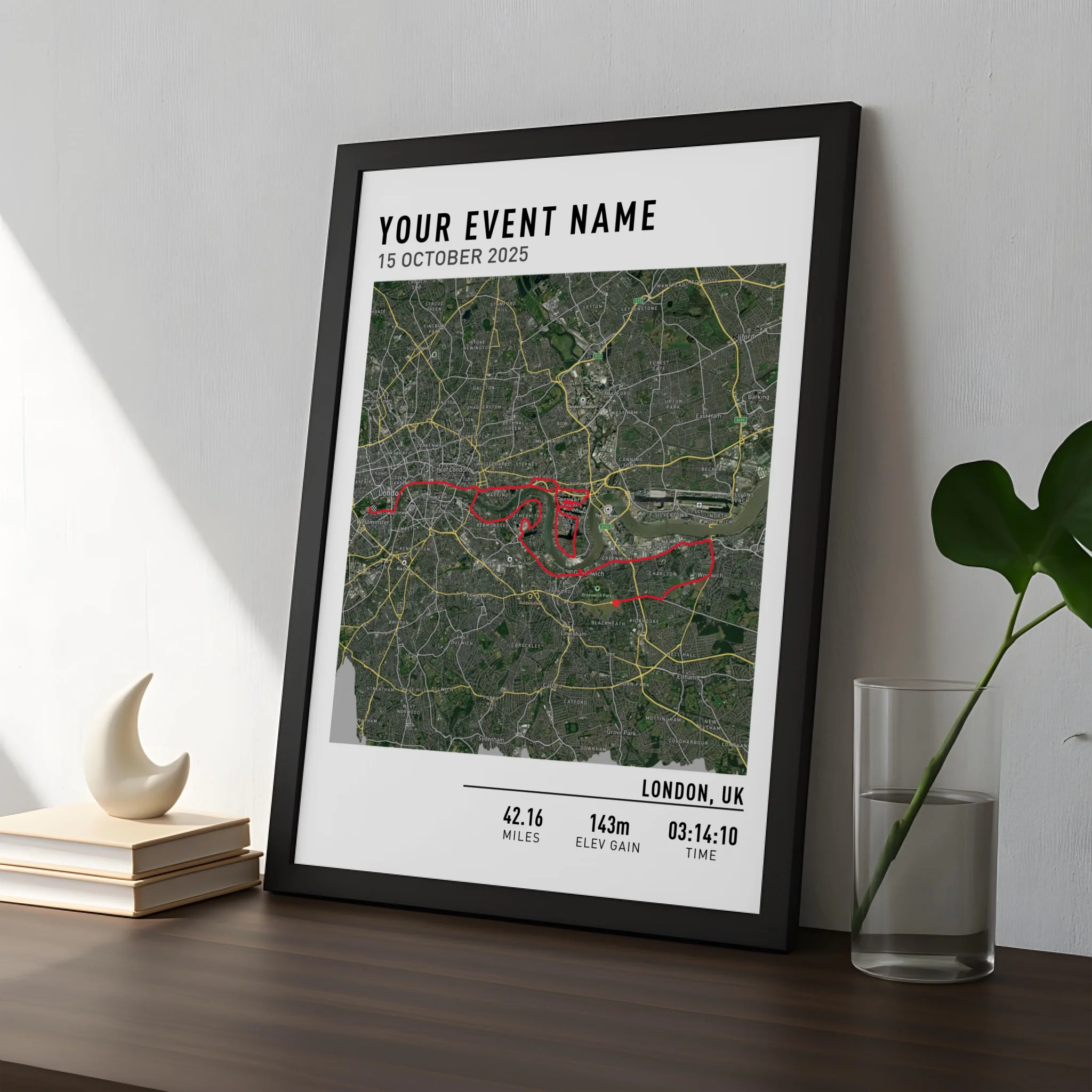 Custom route map photo frame print made from GPX data or app link