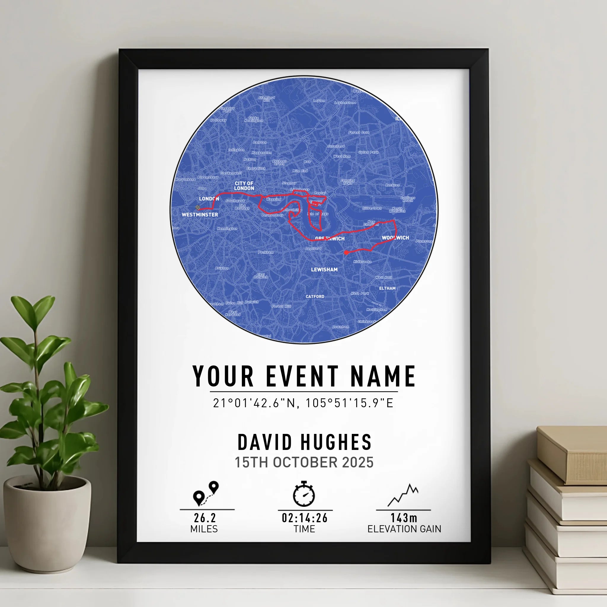 Personalised route map print in blueprint style with coordinates, displayed in a photo frame