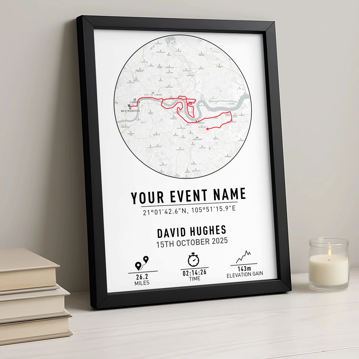 Personalised Route Map Print | Custom Running, Hiking or Cycling Gift | GPX Data or Link App - Minimal with Coordinates