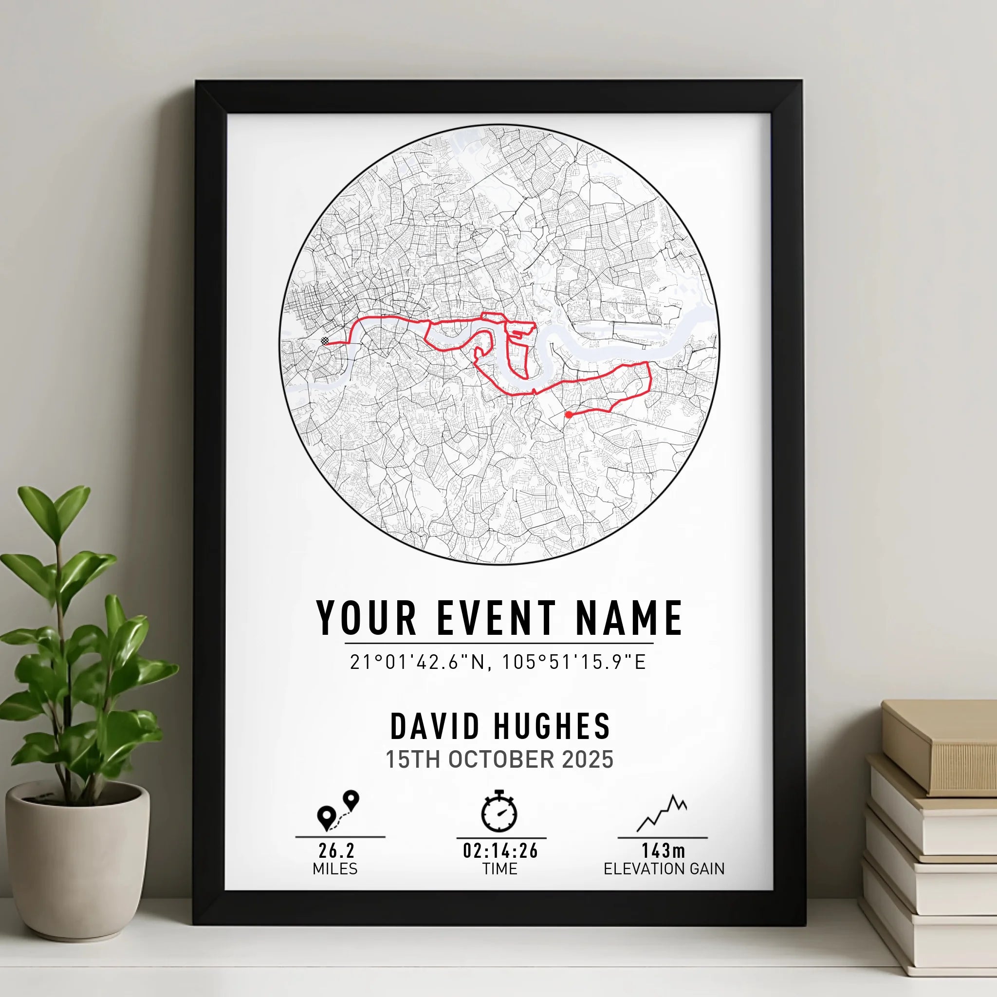 Personalised route map print framed on a wall showing a running route with coordinates