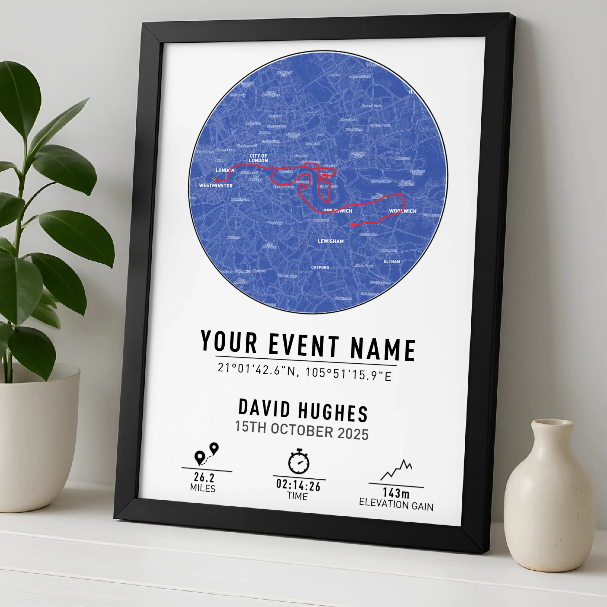 Personalised Route Map Print | Custom Running, Hiking or Cycling Gift | GPX Data or Link App - Blueprint with Coordinates