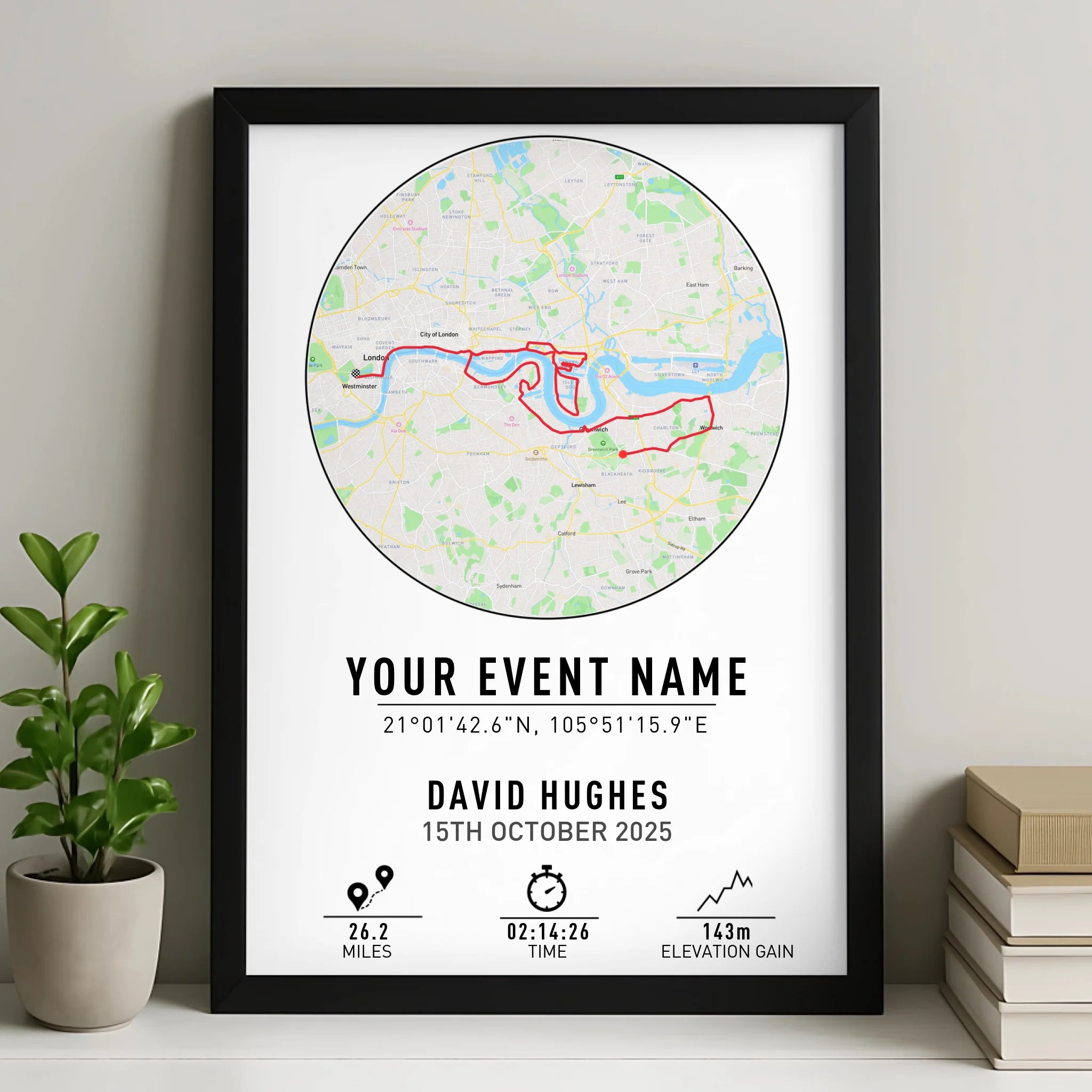 Personalised route map print framed on a wall showing a custom running route with coordinates
