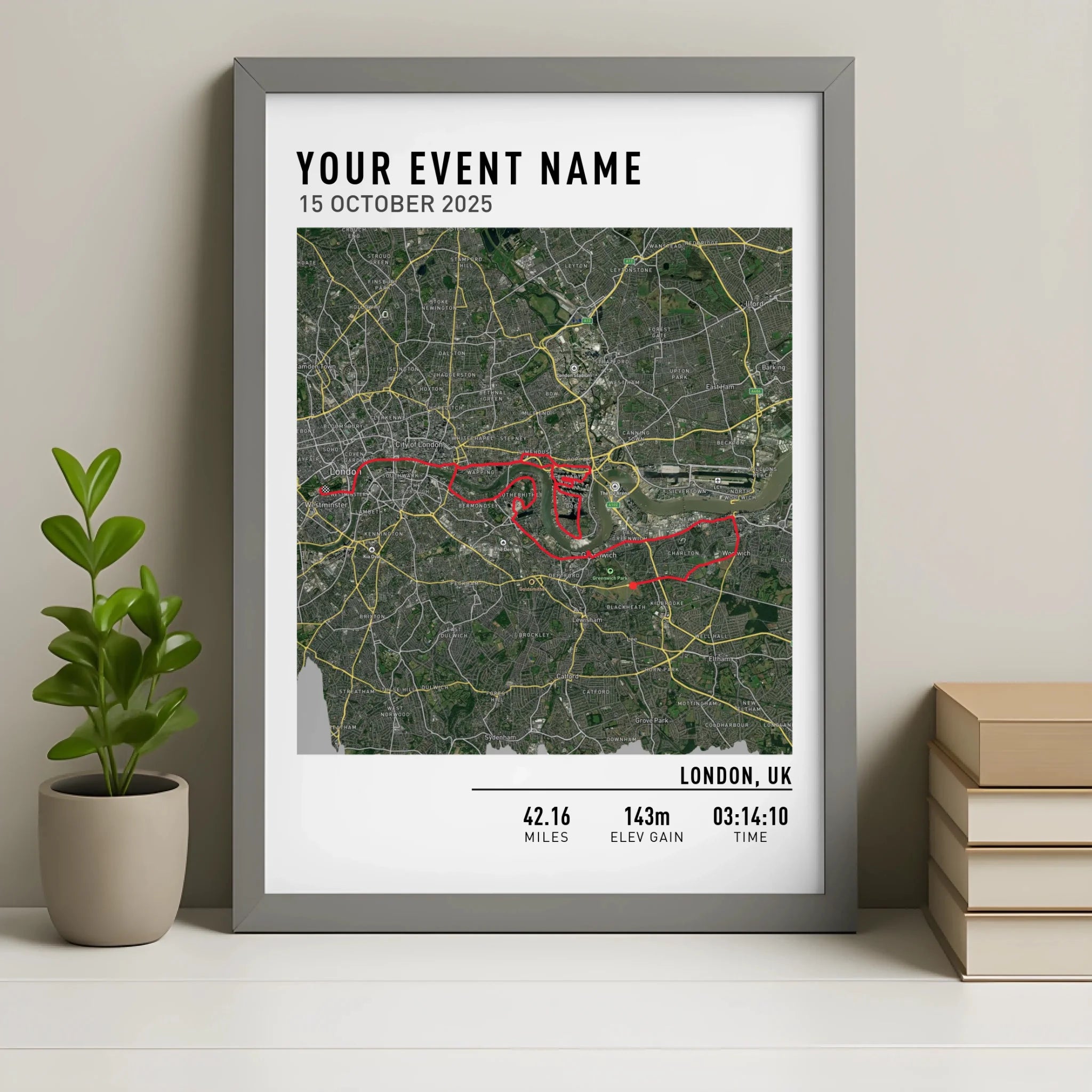 Custom running or hiking route map print in a grey photo frame