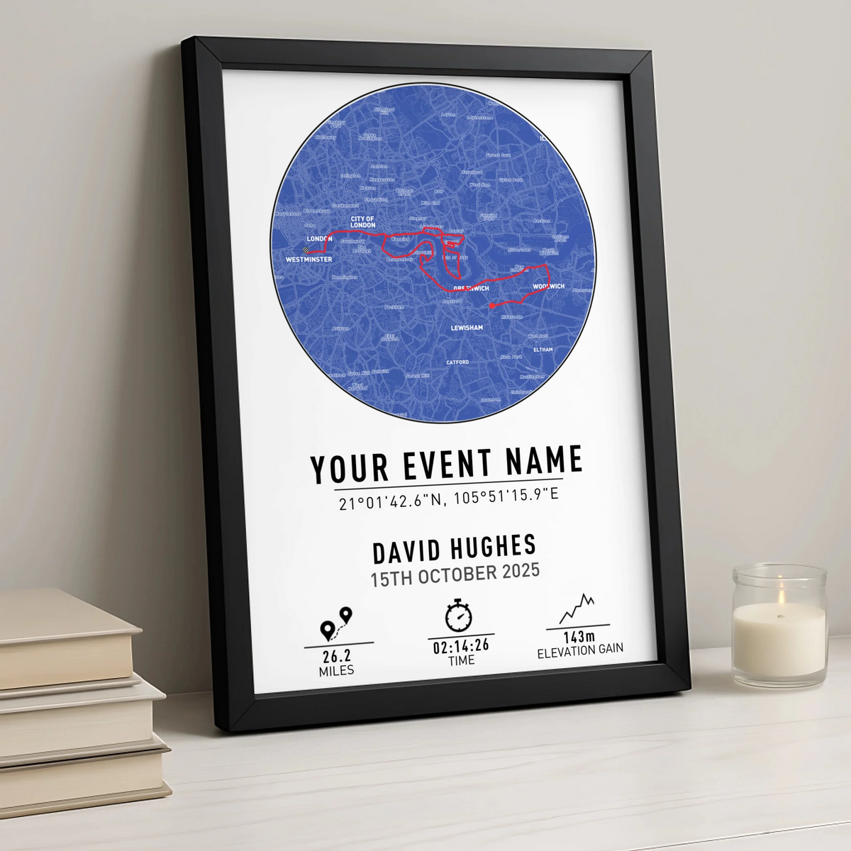 Personalised Route Map Print | Custom Running, Hiking or Cycling Gift | GPX Data or Link App - Blueprint with Coordinates