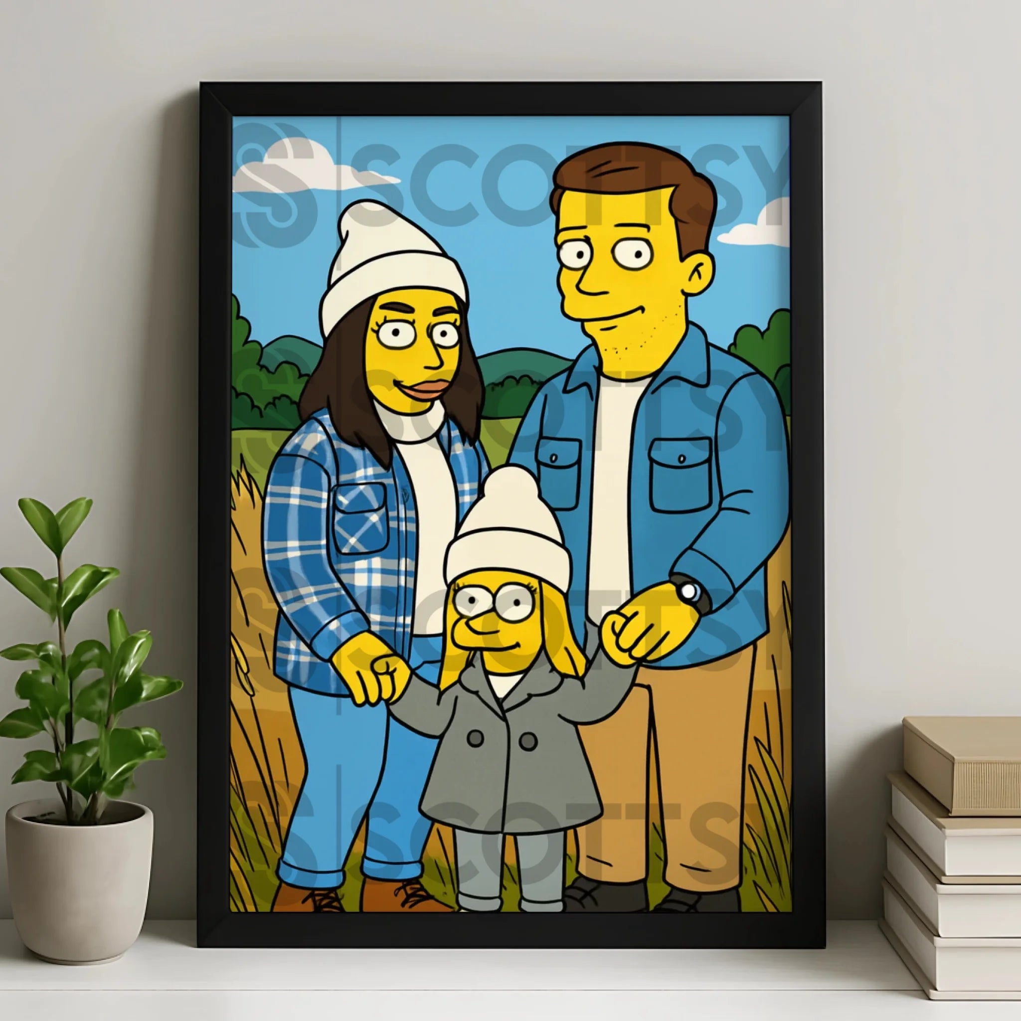 Custom cartoon portrait personalised photo frame with illustrated figures on a white background