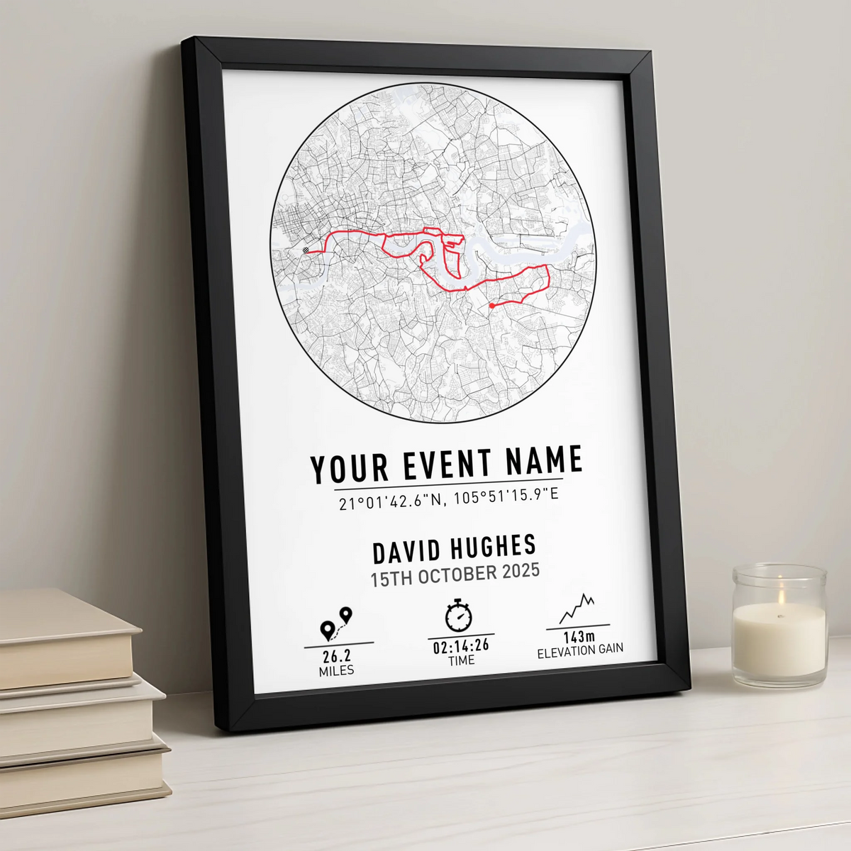 Personalised Route Map Print | Custom Running, Hiking or Cycling Gift | GPX Data or Link App - Modern with Coordinates