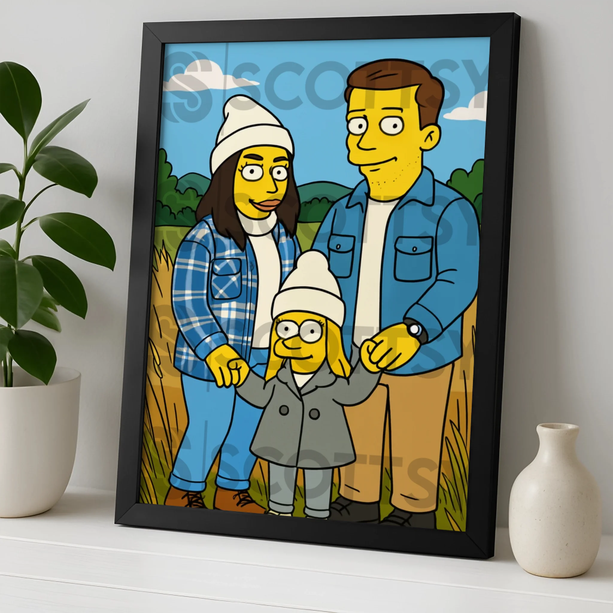 Personalised US cartoon style portrait in a photo frame, showing illustrated characters
