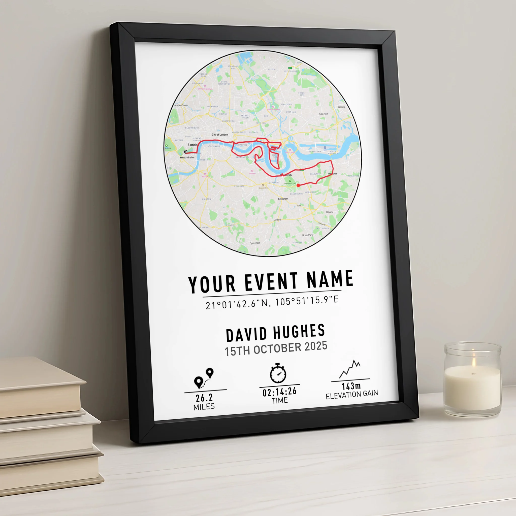 Personalised Route Map Print | Custom Running, Hiking or Cycling Gift | GPX Data or Link App - Navigation with Coordinates